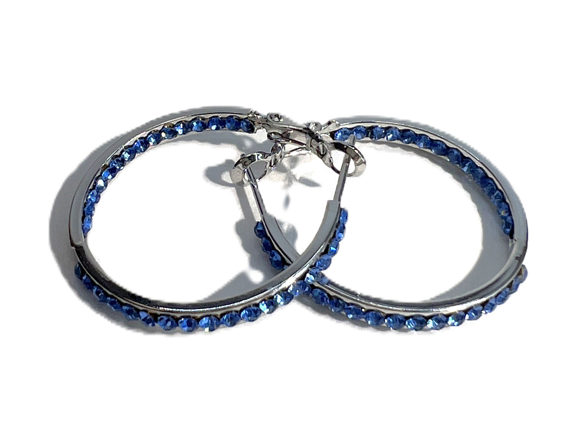 EARRING 40MM ROUND CRYSTAL HOOPS SILVER/BLUE