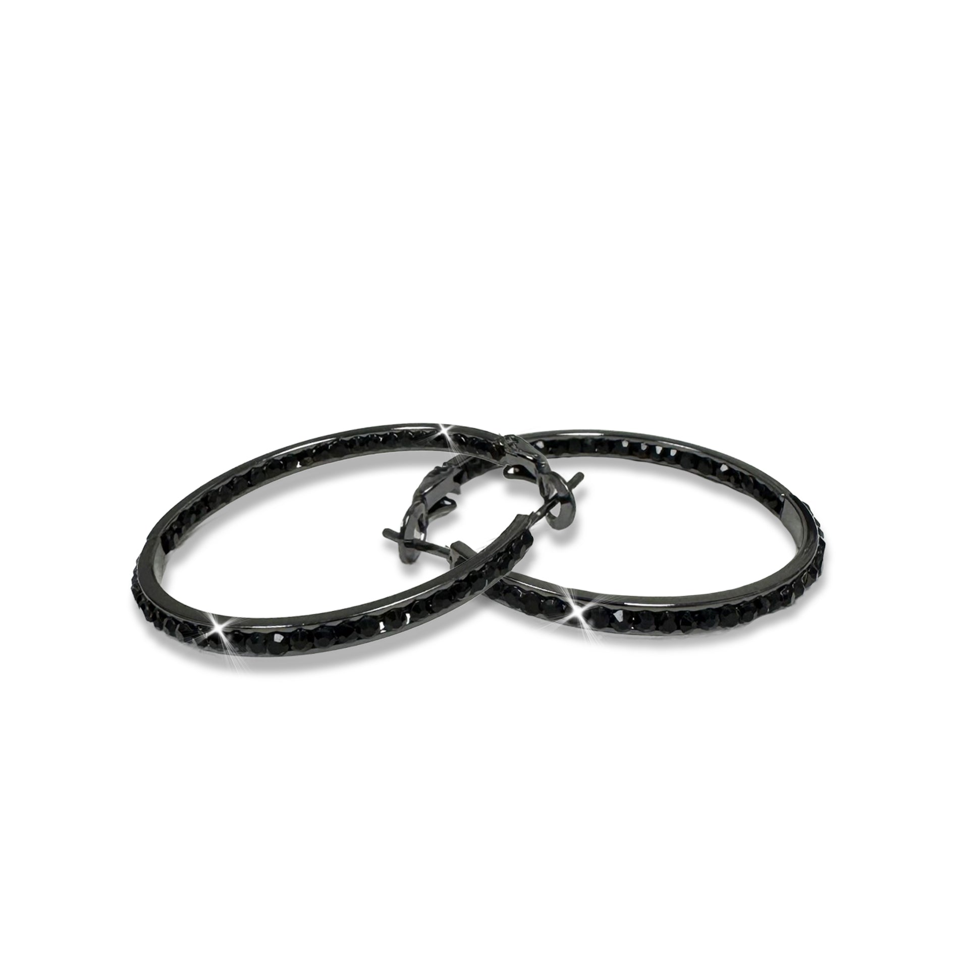 EARRING 30MM ROUND CRYSTAL HOOPS BLACK