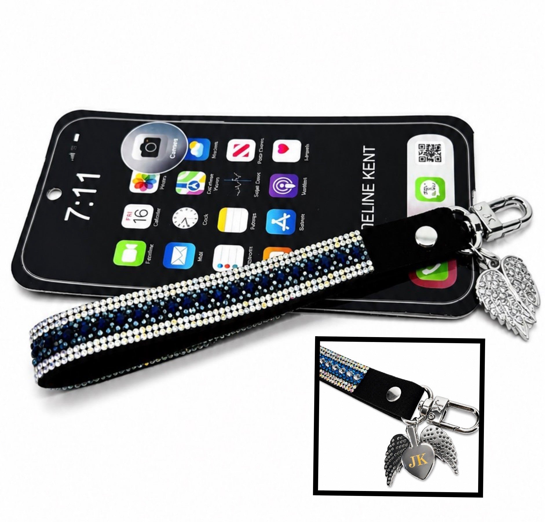 Phone wrist lanyard in navy and AB rhinestones with angel wing charm and JK heart on a white background