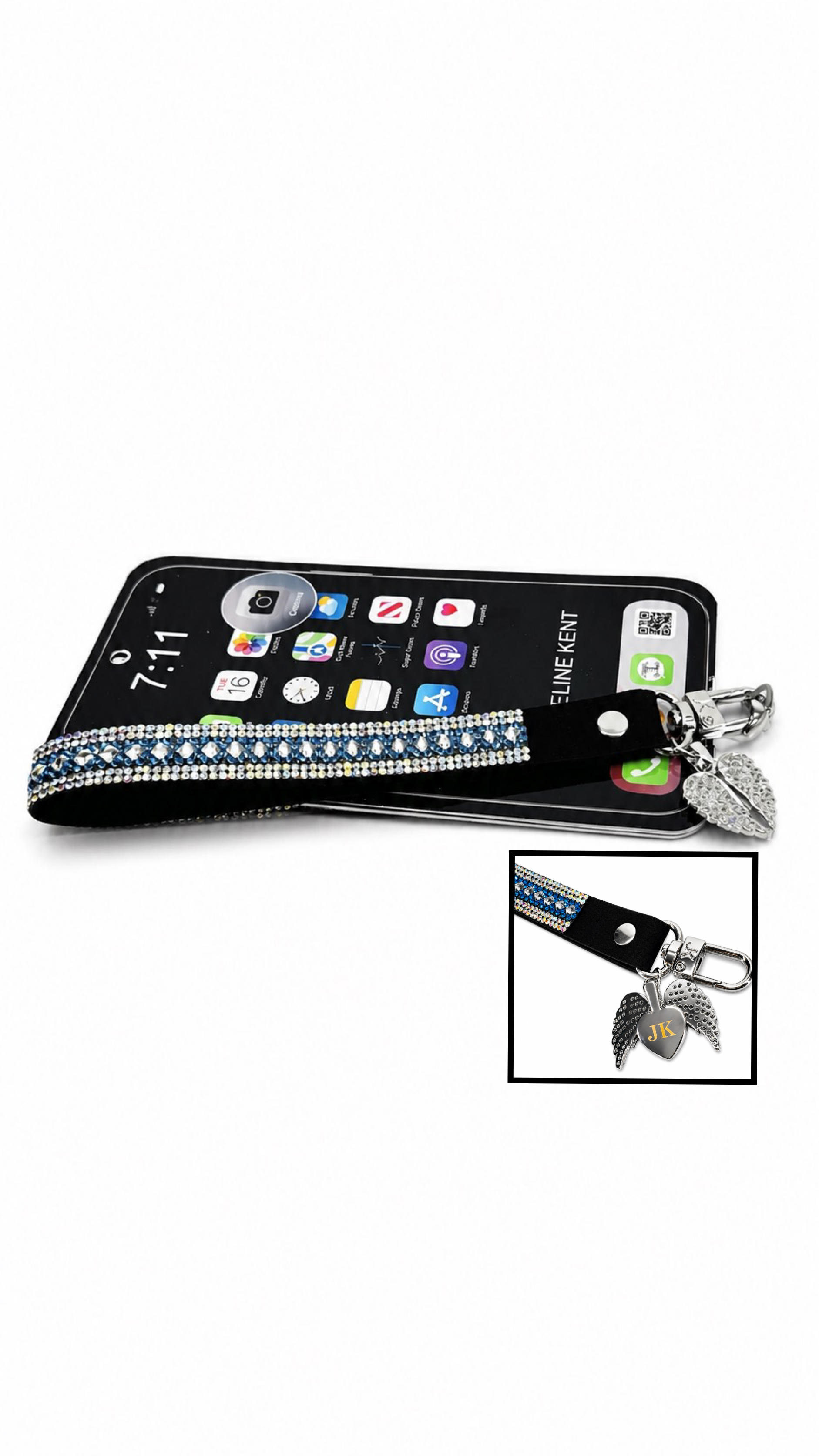 Phone and wrist lanyard with bling and angel wings on a white background
