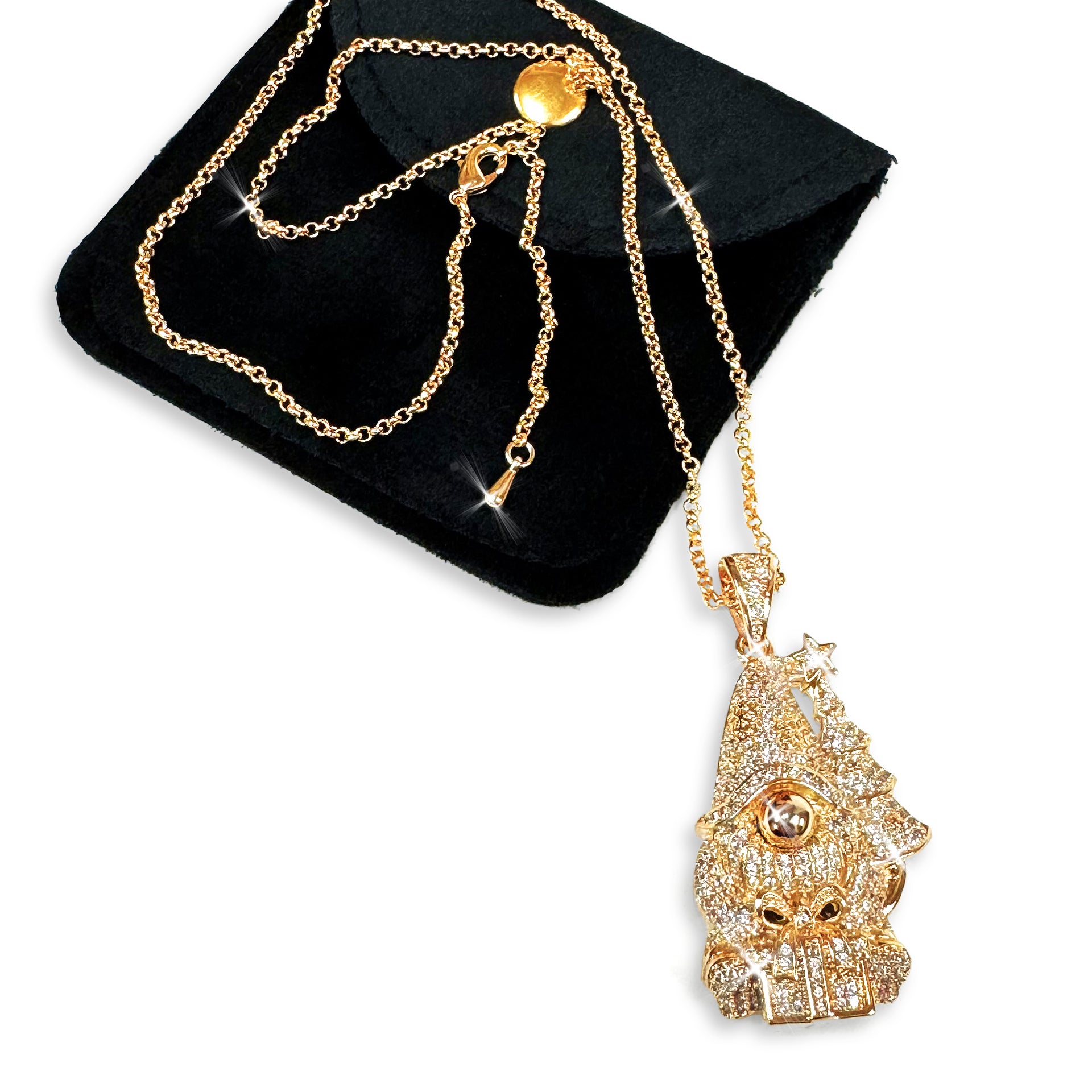 Gold detailed gnome pendant necklace embellished with clear rhinestone crystals shown with black pouch on a black background