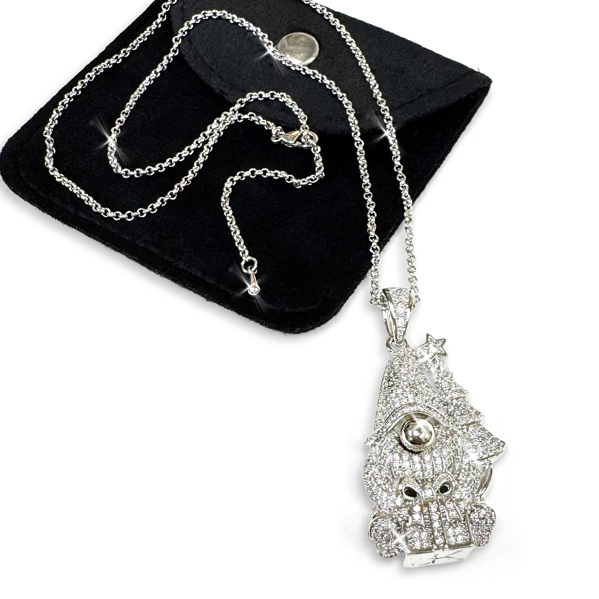 Silver detailed gnome pendant necklace embellished with clear rhinestone crystals shown with black pouch on a black background