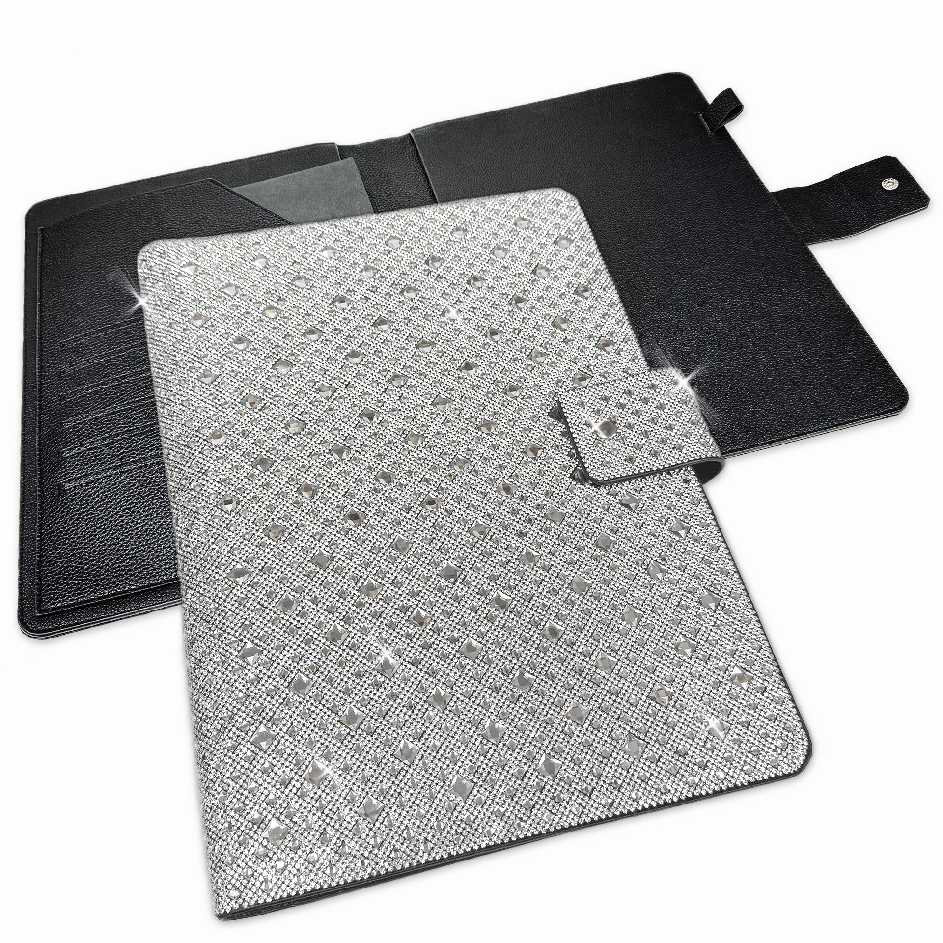 Silver glittery rhinestone portfolio notebook cover with black faux leather on a white background