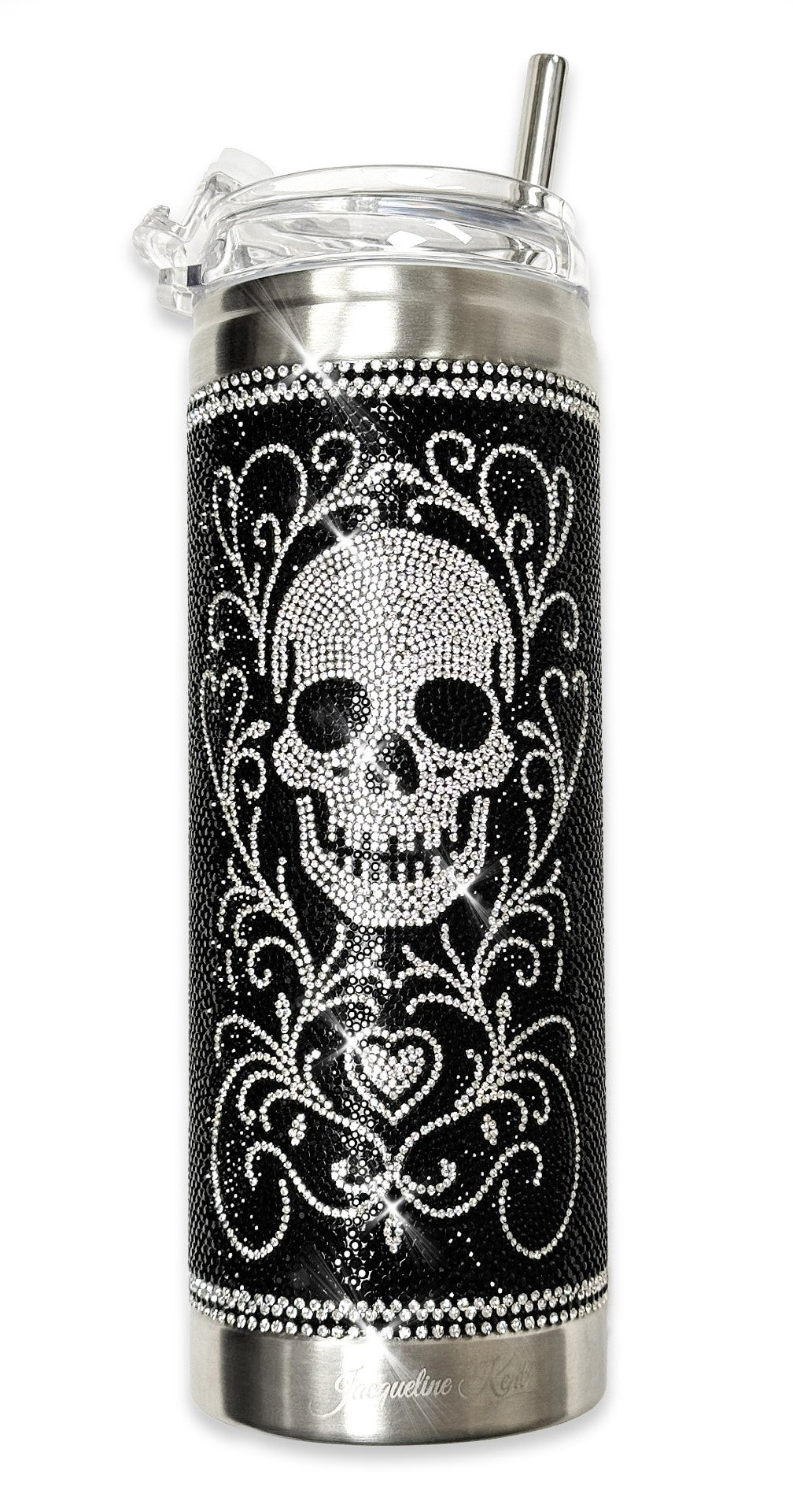 Jacqueline Kent Crystal Sugar Skull Tumbler Black Silver 20oz