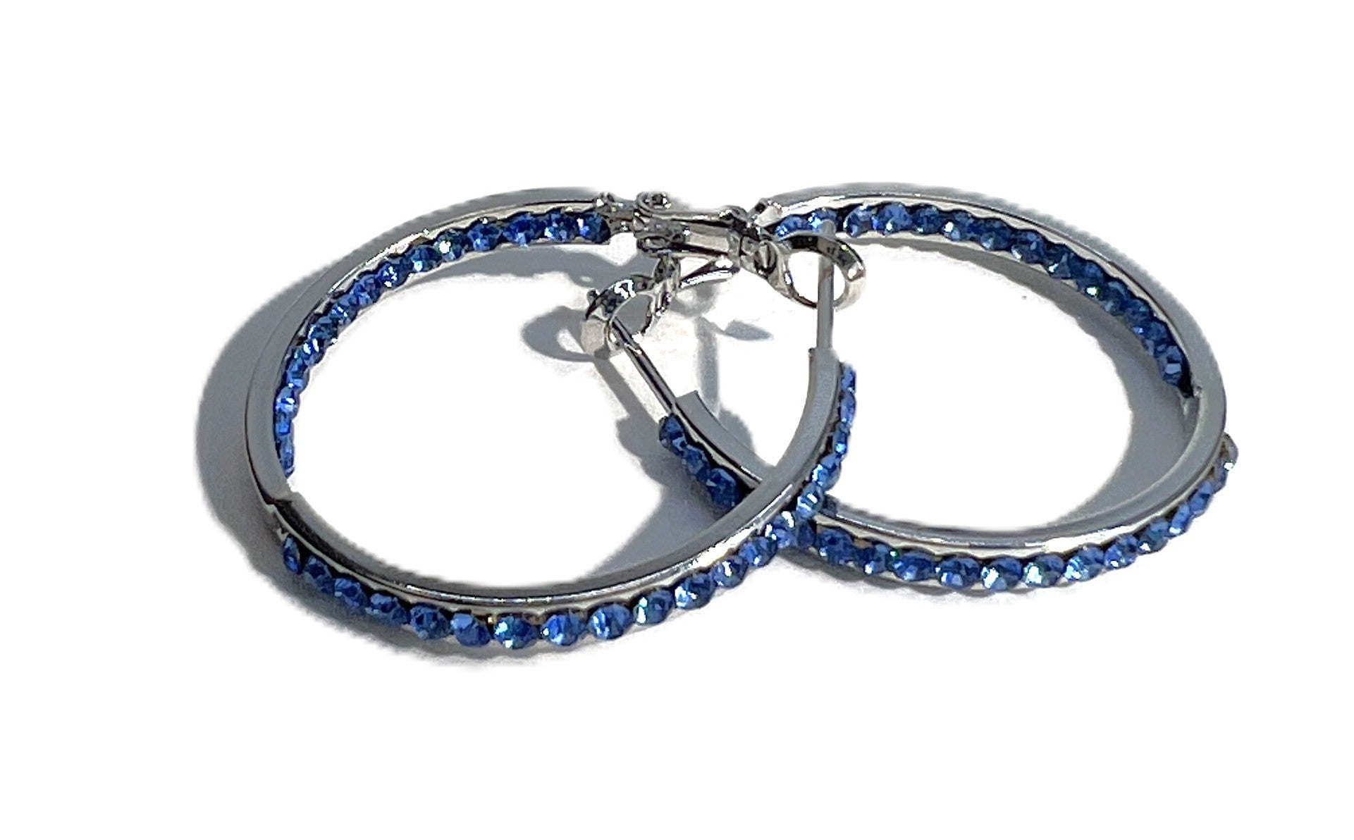 EARRING 30MM ROUND CRYSTAL HOOPS SILVER/BLUE
