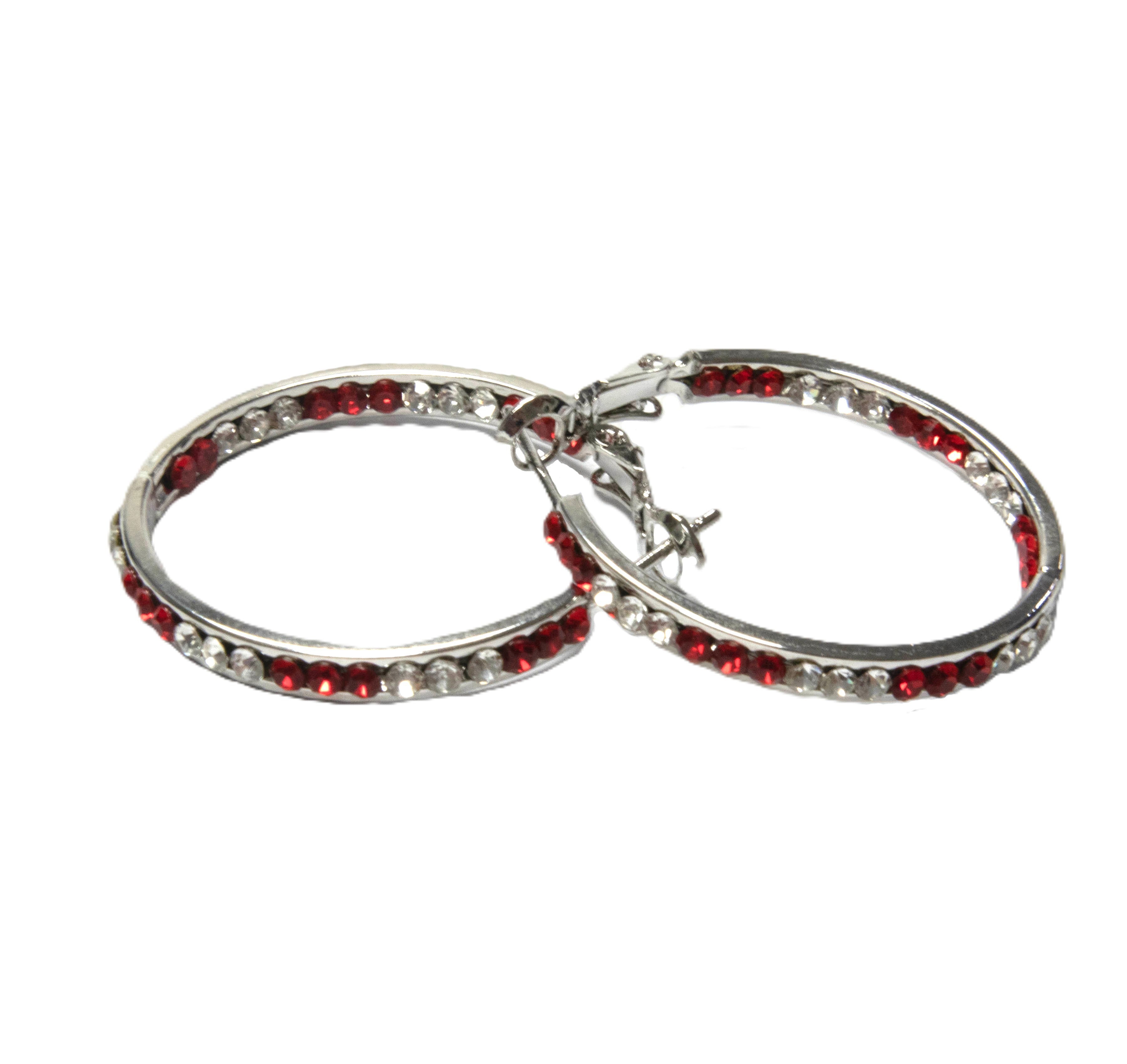 EARRING 30MM ROUND CRYSTAL HOOPS SILVER/RED