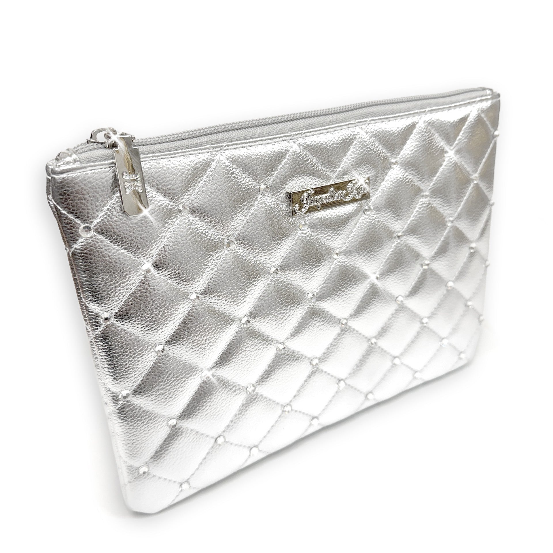 Silver quilted accessory clutch bag on a white background