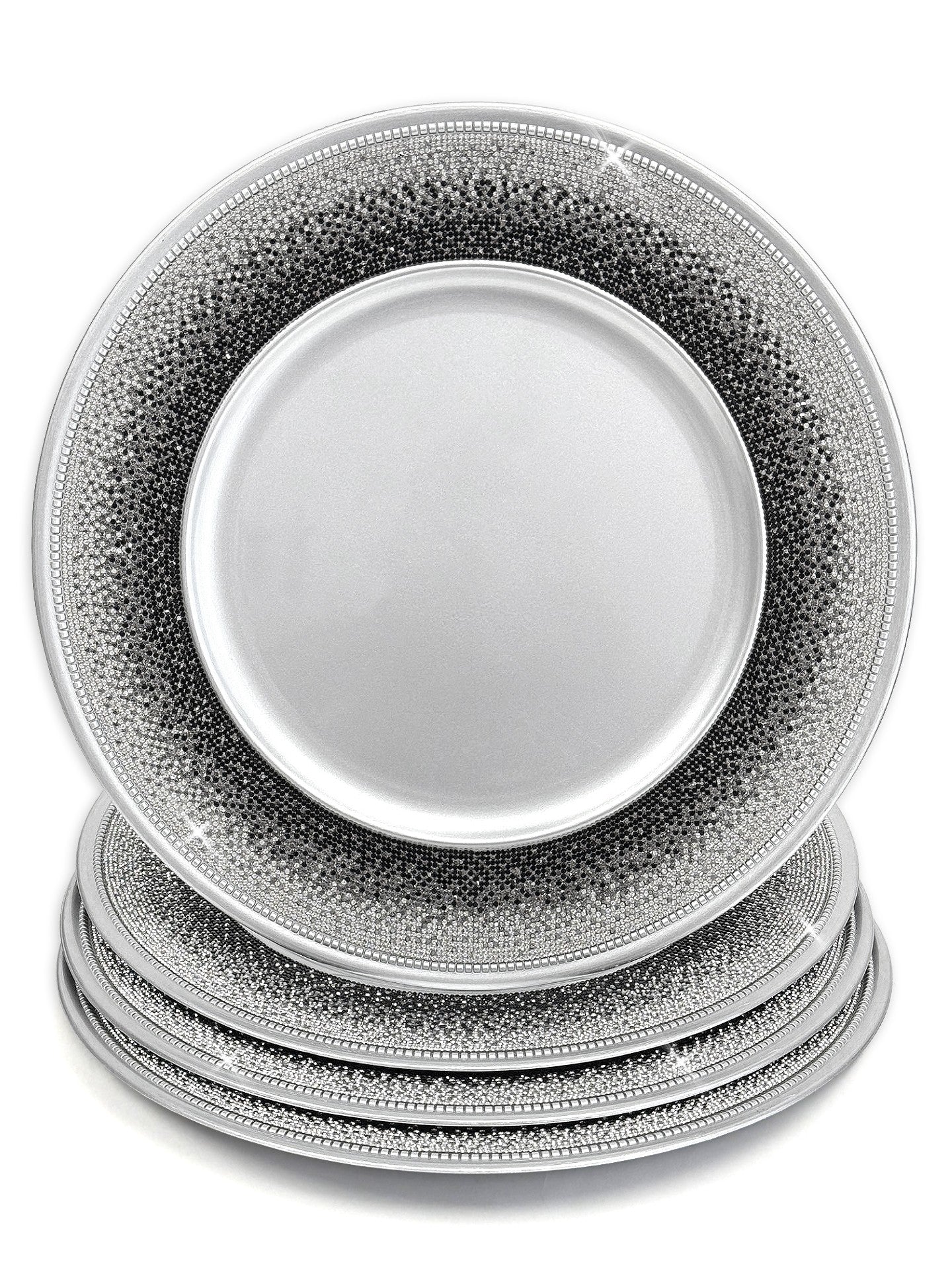 A stack of round silver-black ombre plates with a textured, dotted border pattern and a beaded rim, shown on a clean white background.