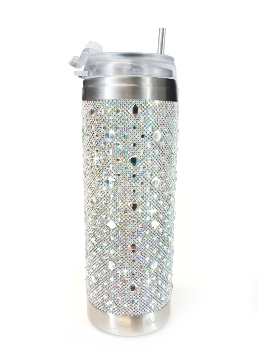 Tumbler with ab rhinestone pattern on a white background