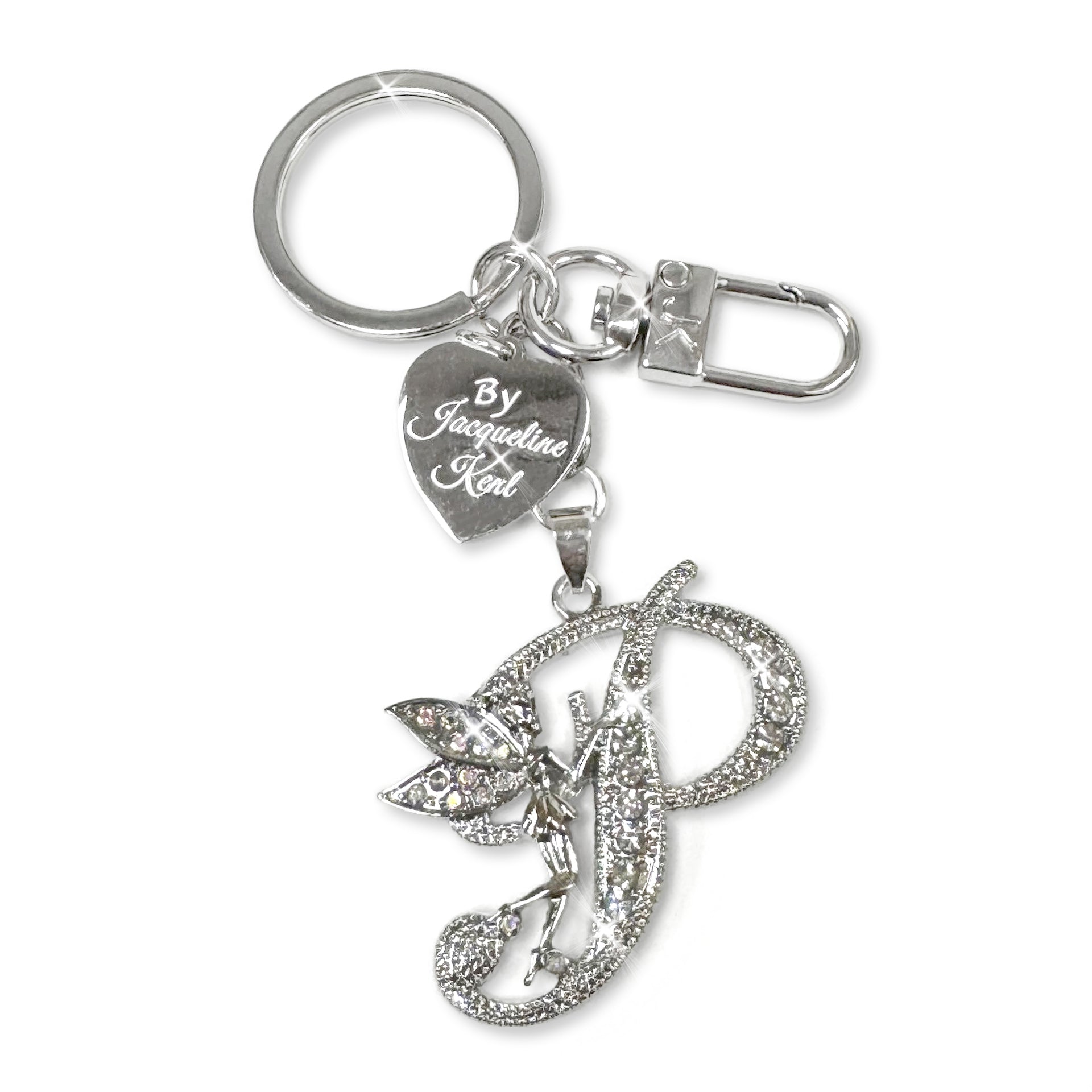 Silver and crystal embellished keychain with decorative letter 'P' and heart-shaped Jacqueline Kent branded tag on a white background