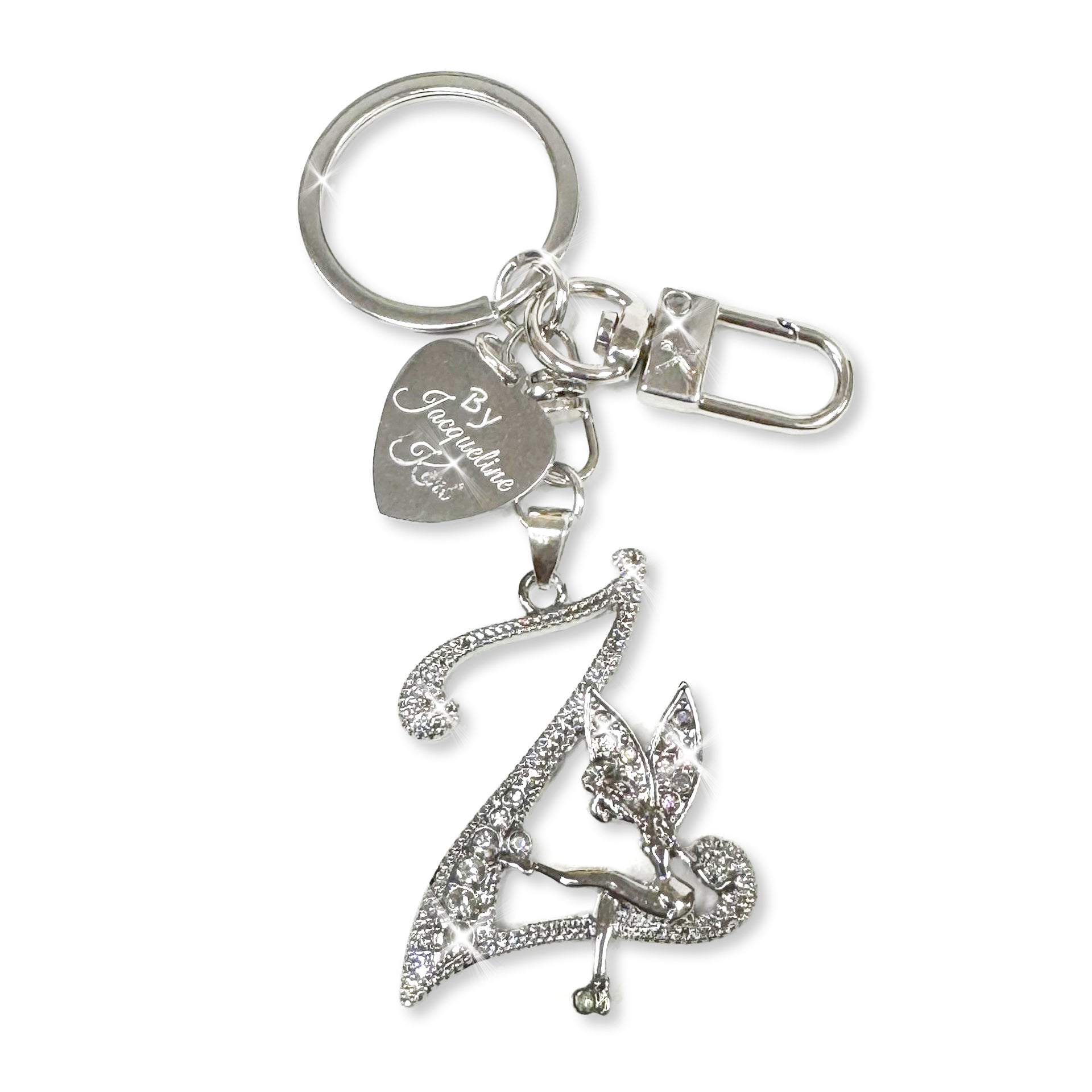 Silver and crystal embellished keychain with decorative letter 'Z' and heart-shaped Jacqueline Kent branded tag on a white background