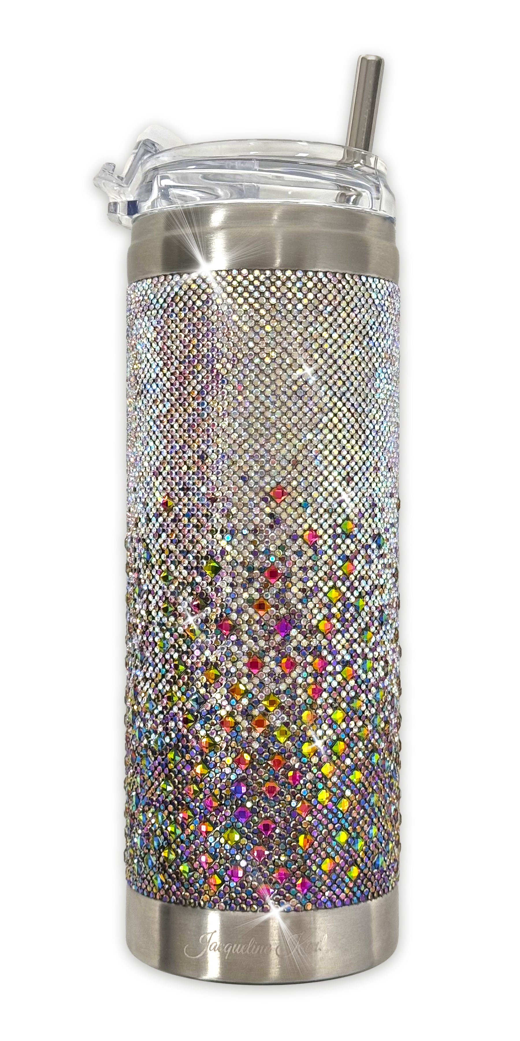 Tumbler with multicolored gemstone pattern on a white background