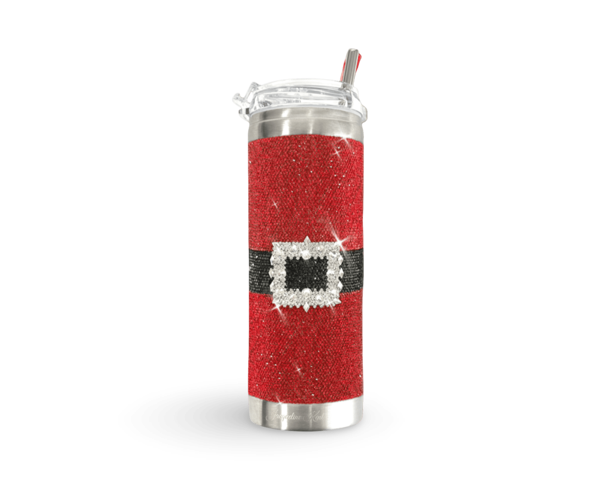 Red glittery tumbler with a Santa Claus design on a white background