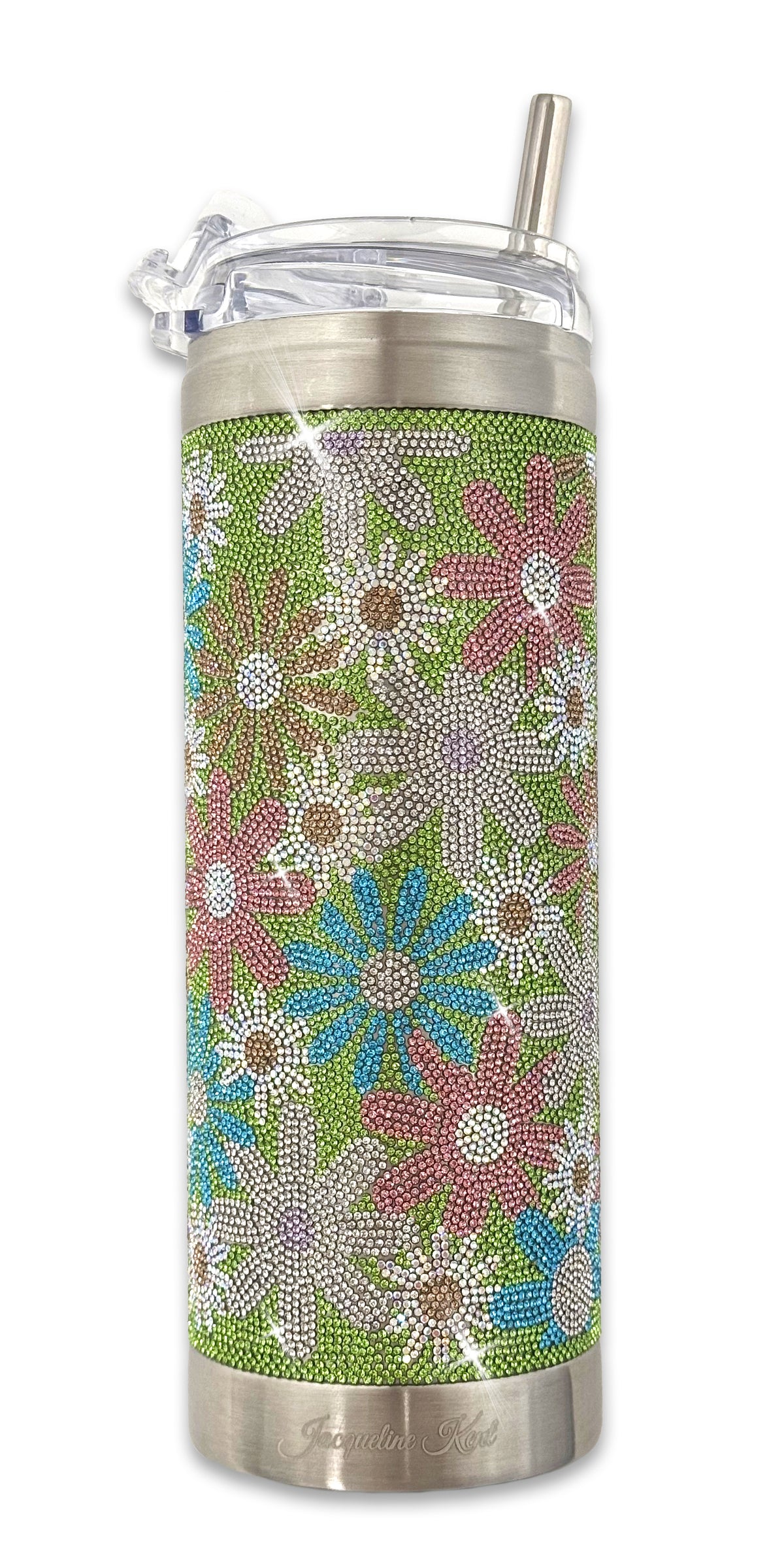 Tumbler with floral rhinestone pattern in green, clear, pink, teal and ab crystals with straw lid on a white background