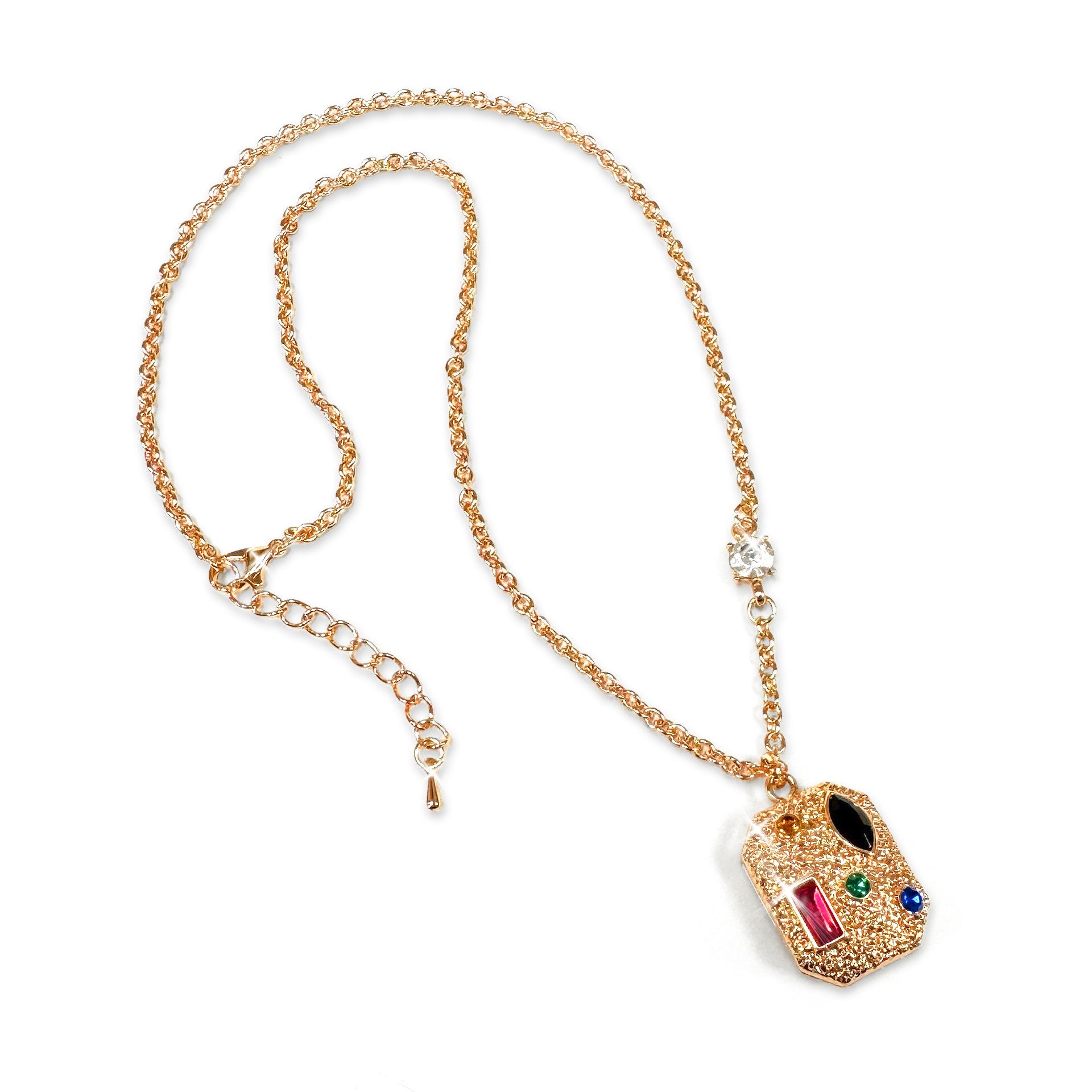 Jewelled crown necklace pendant in a warm gold tone with multi coloured crystals
