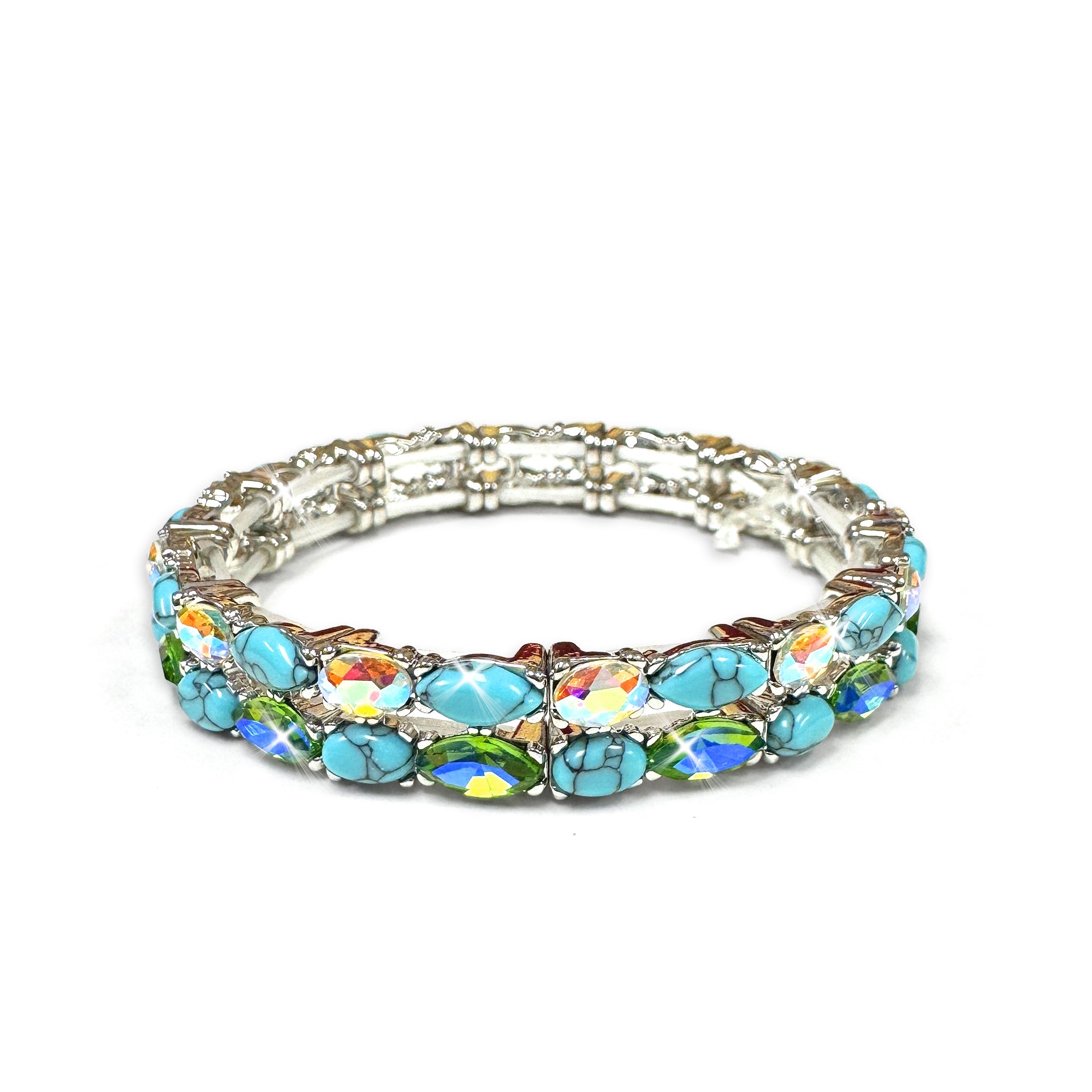 turquoise and AB stone beaded stretch bracelet on a white background