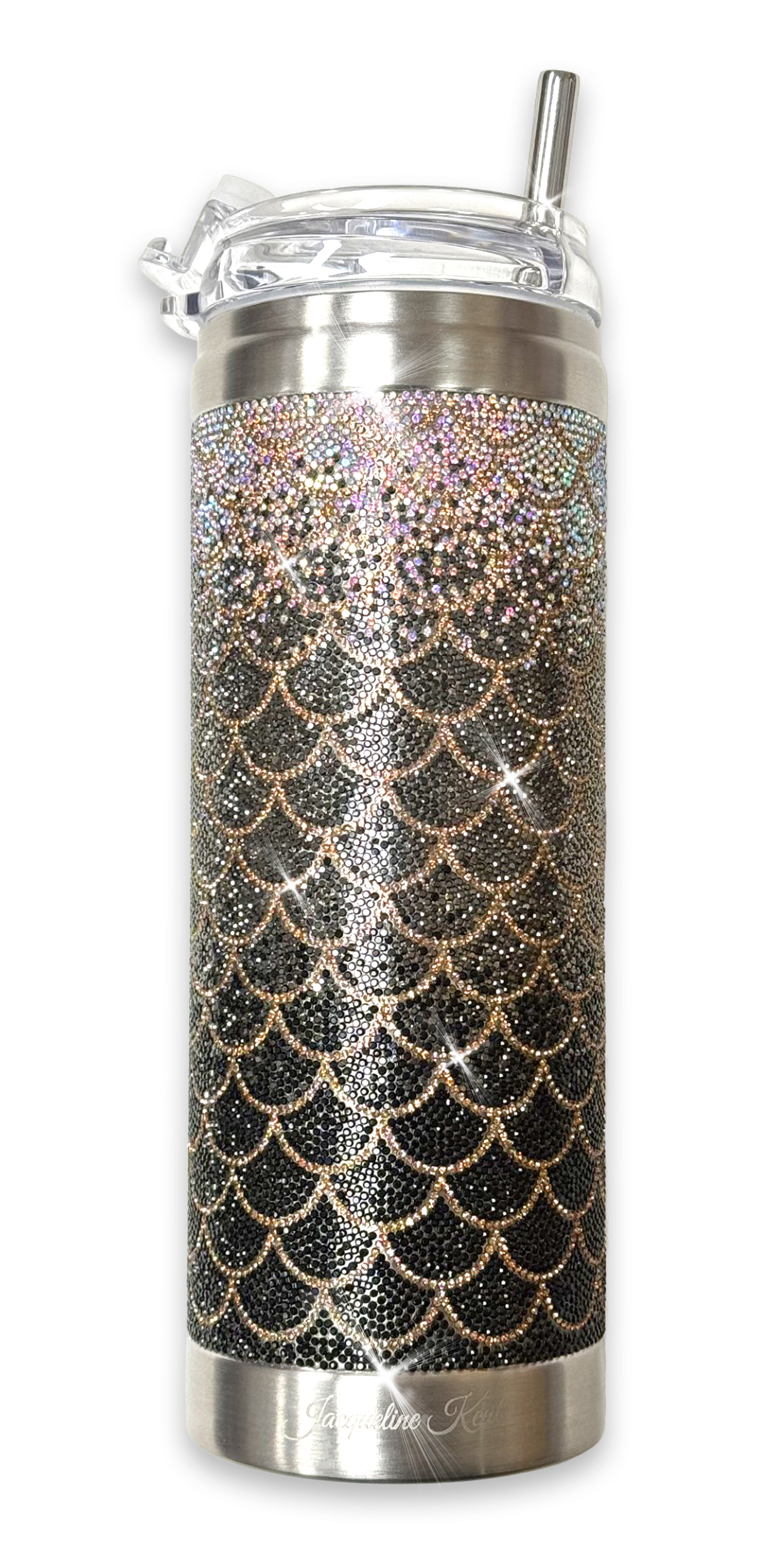 Tumbler with mermaid scale pattern in black, hematite, iridescent Ab and gold rhinestone details on a white background