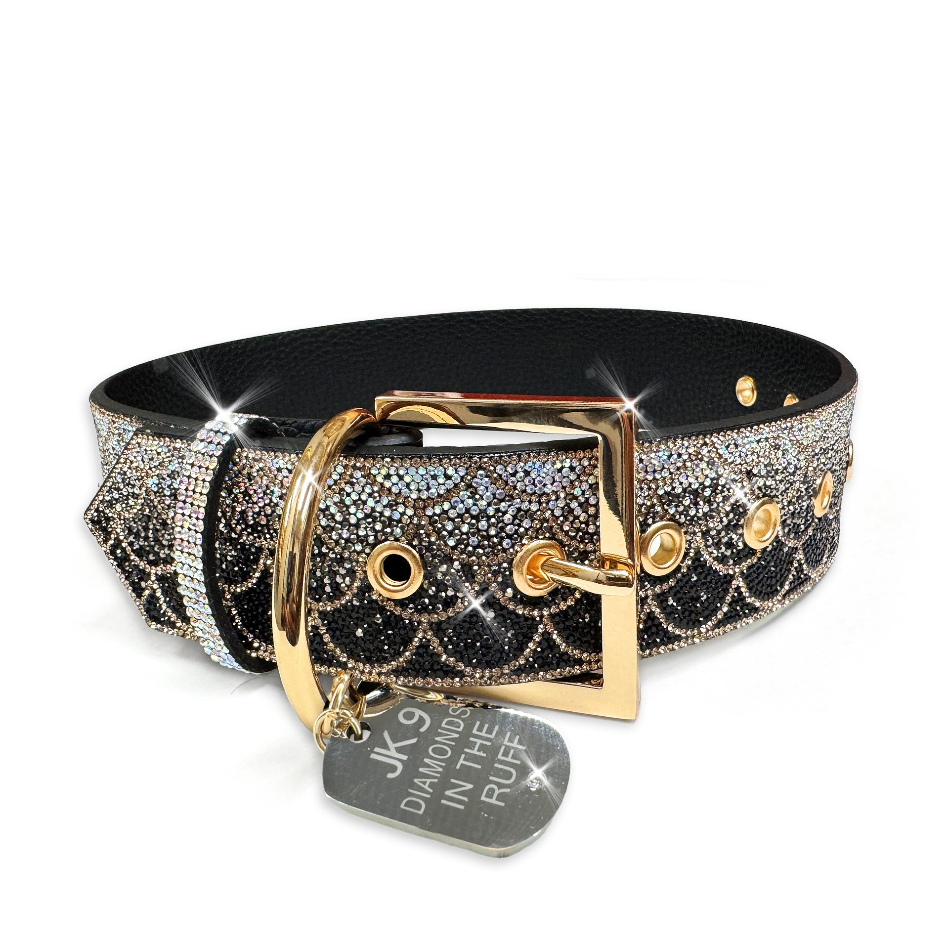 Decorative dog collar with rhinestones and a gold buckle on a white background