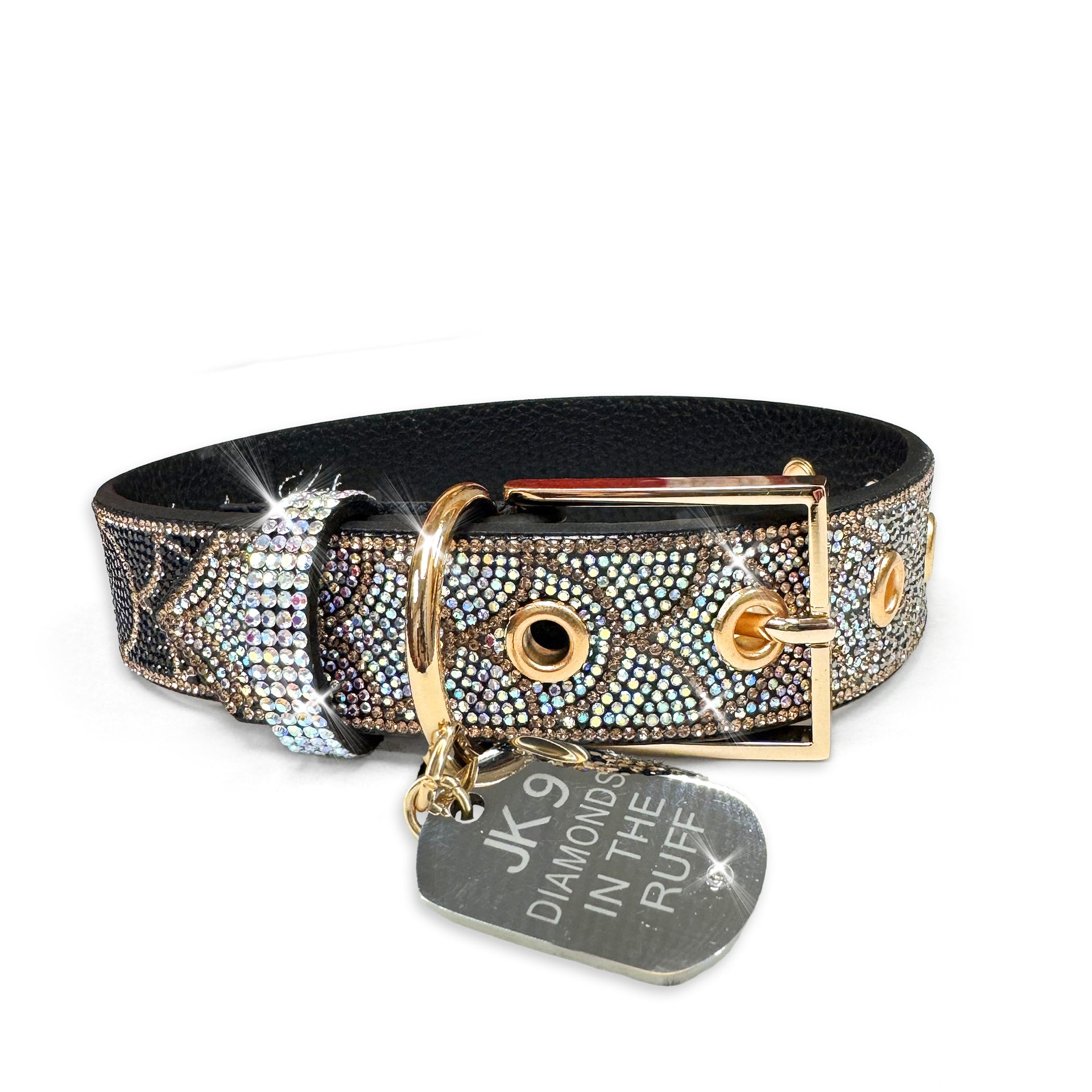 Luxury dog collar with crystals and gold accents on a white background