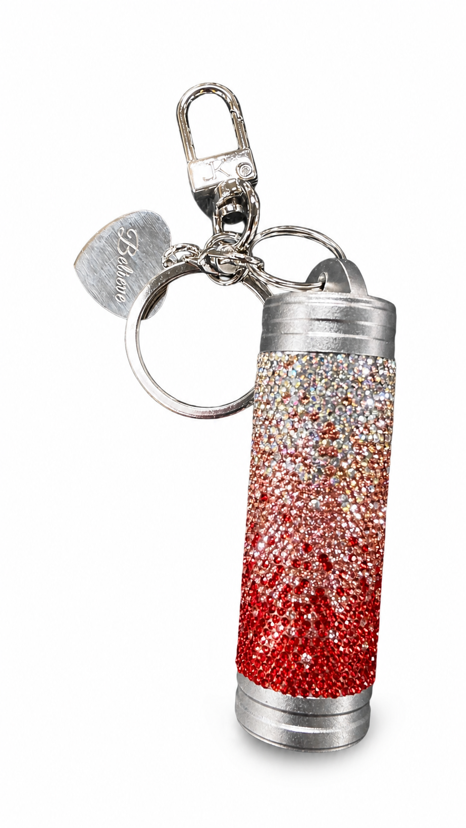 Mini tumbler keychain /purse charm with a glittery red to pink and silver ombre design on a white background
