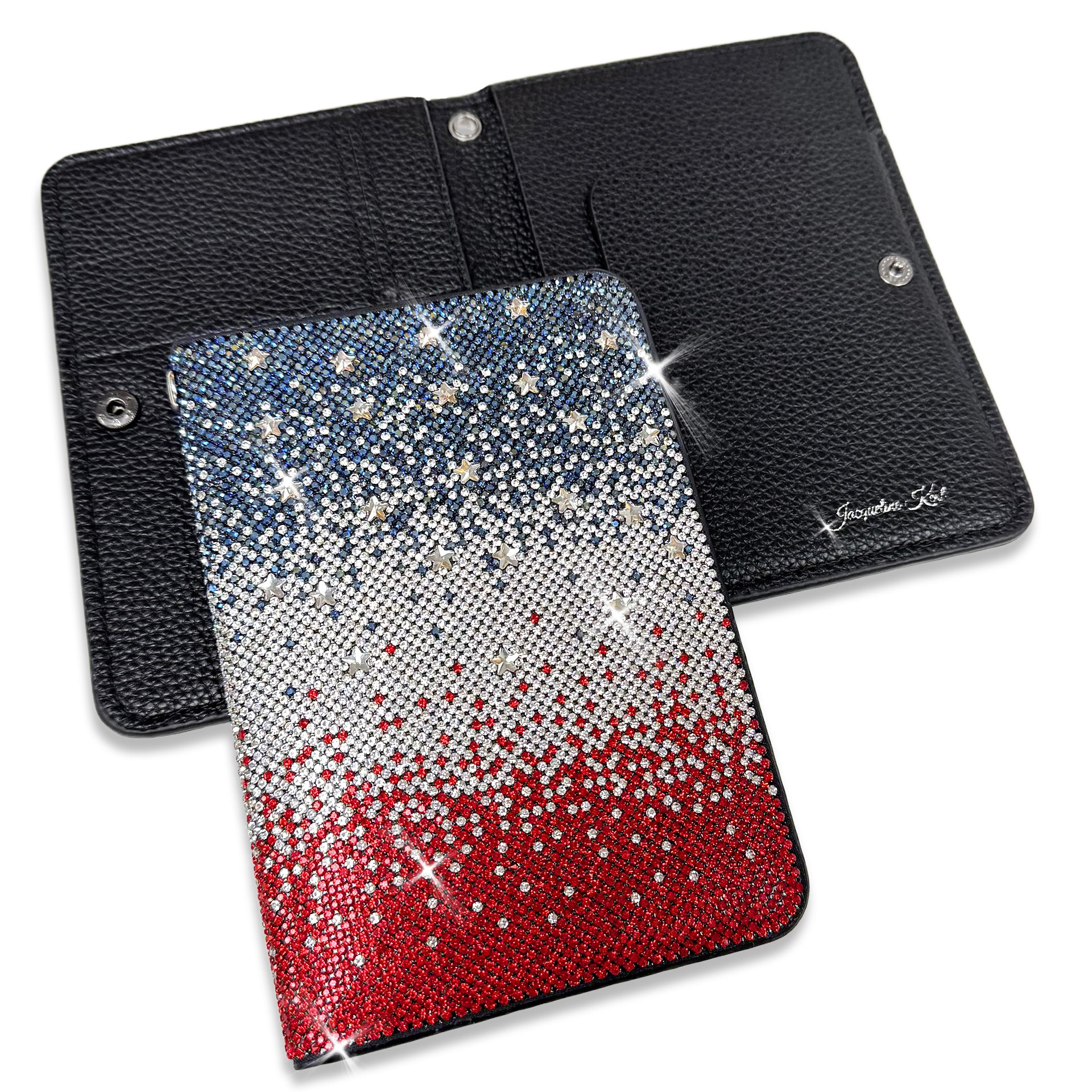 American passport case with a patriotic design featuring red, white, and blue on a white background.