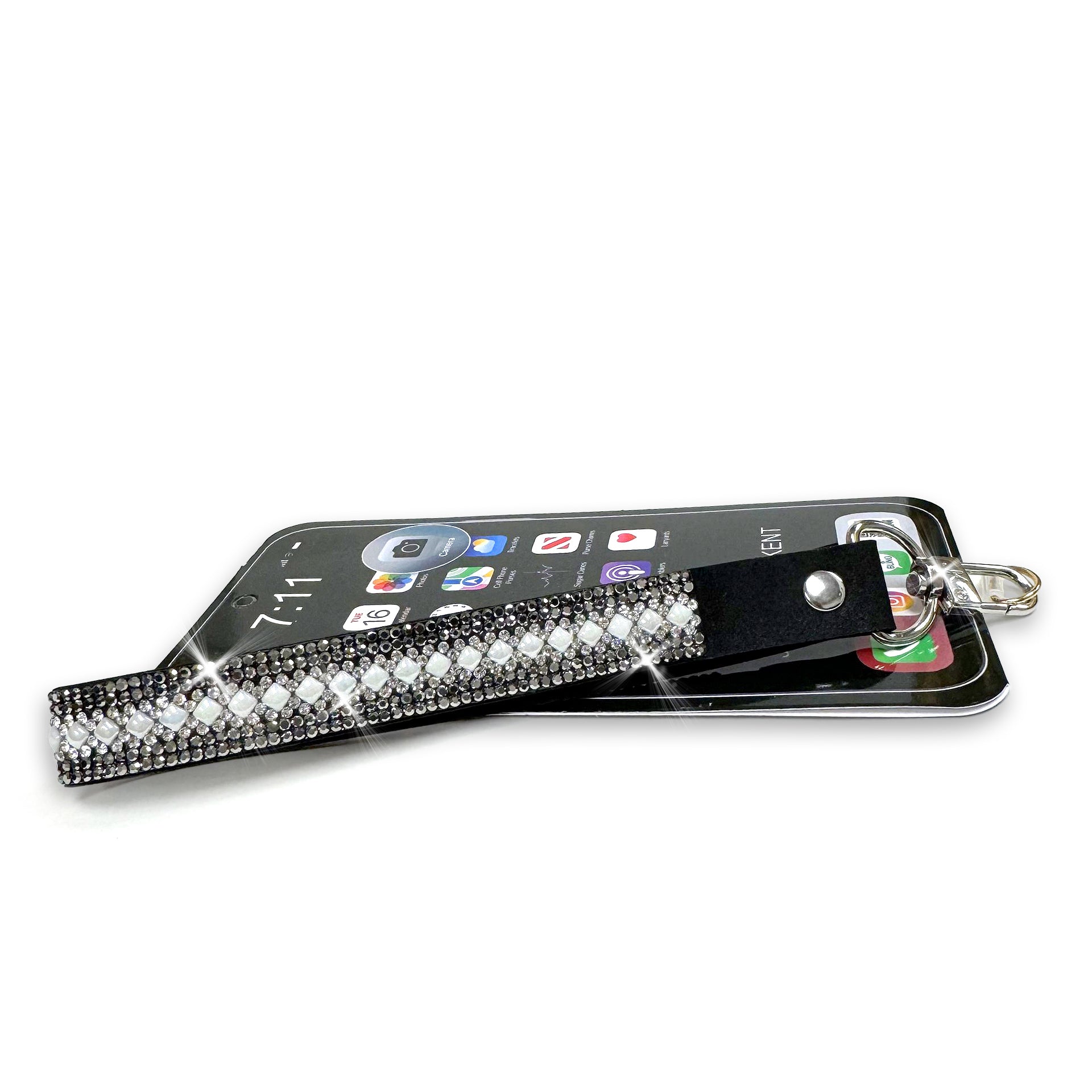 Phone/wrist lanyard with decorative hematite and clear rhinestones and pearl detail on a white background