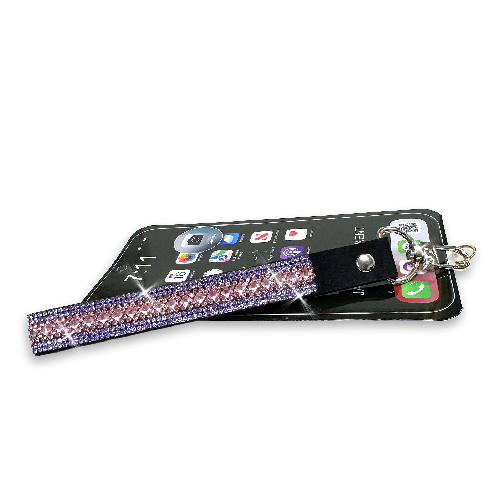 Phone/wrist lanyard with pink and purple AB rhinestone strap on a white background
