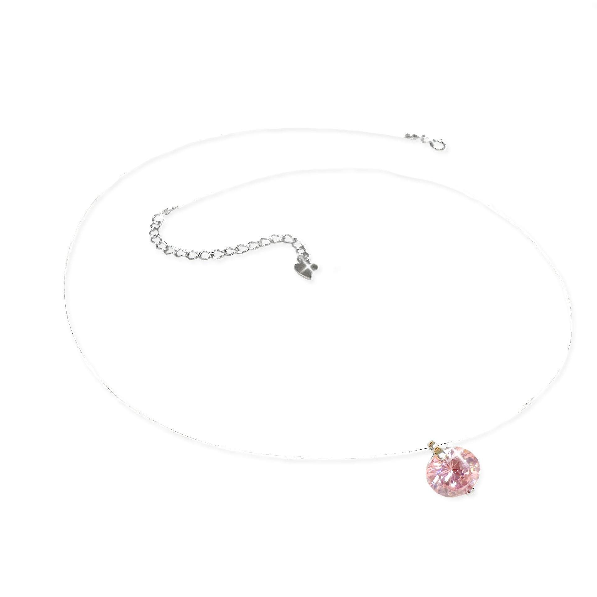 Necklace with a pink round crystal pendant on a white background