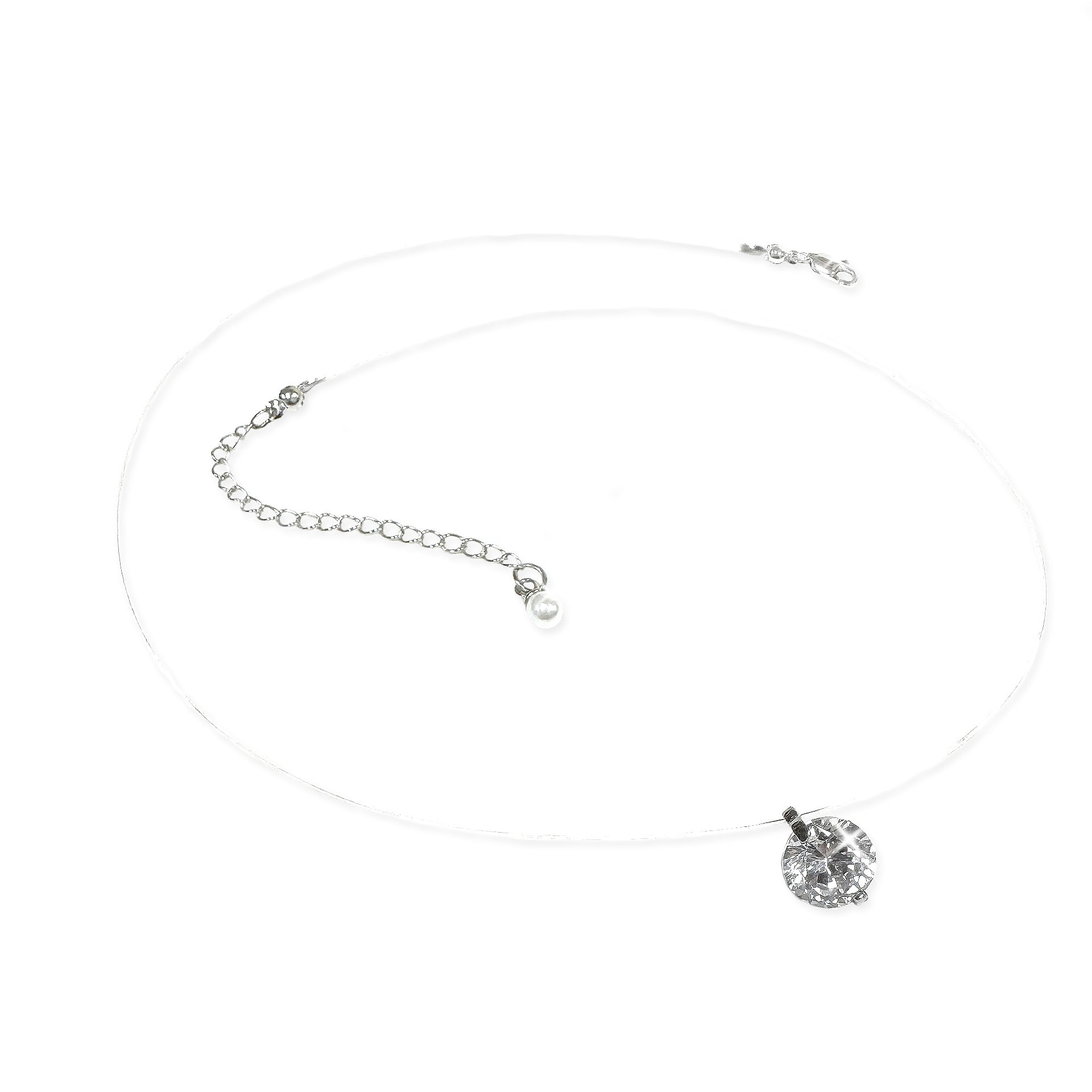 Silver illusion necklace with a round rhinestone embellished pendant on a white background