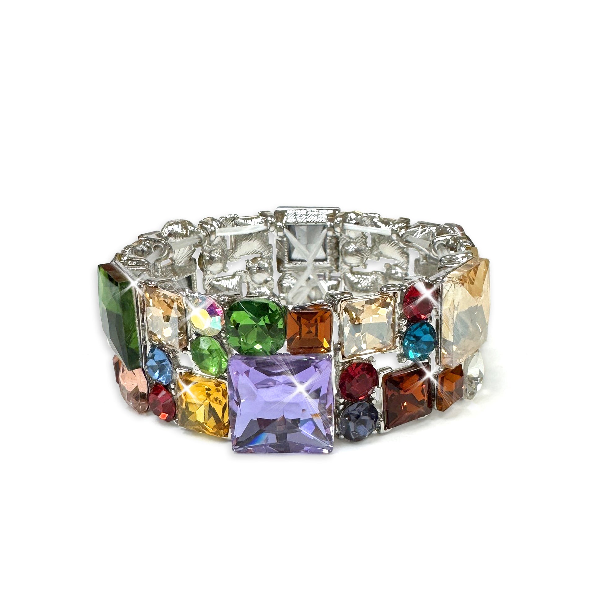 Multicolored crystal stretch bracelet on a white background