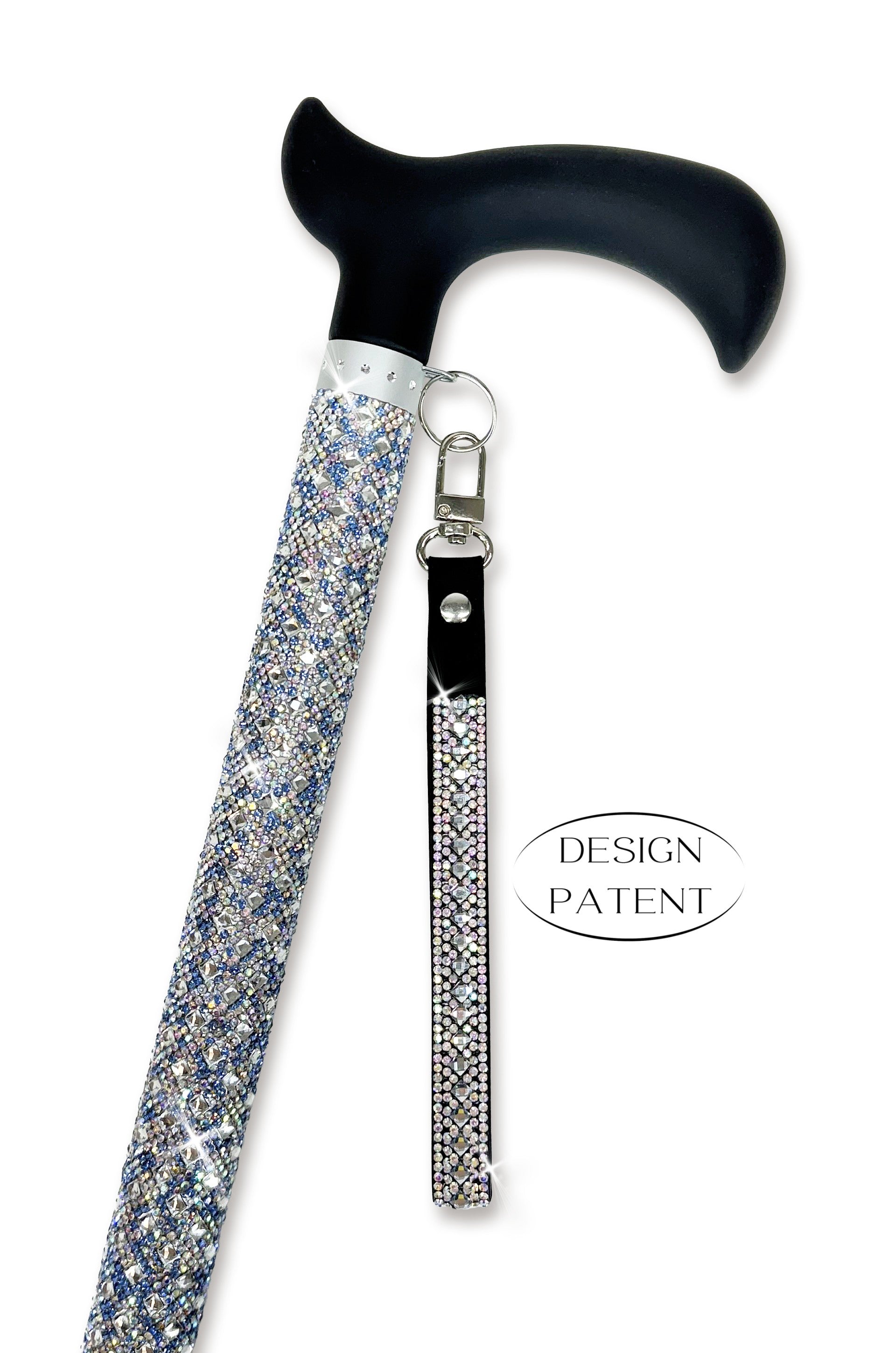 Decorative walking cane with azure and silver coloured rhinestone shaft and black derby handle on a white background