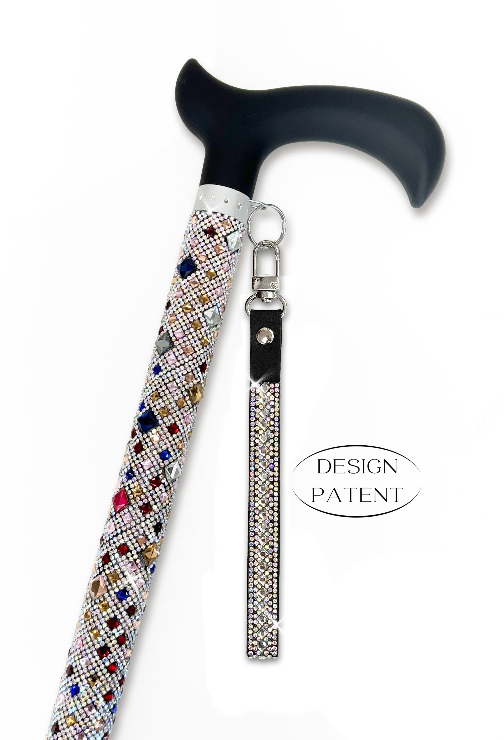 Decorative walking cane with multi coloured shaft and black derby handle on a white background