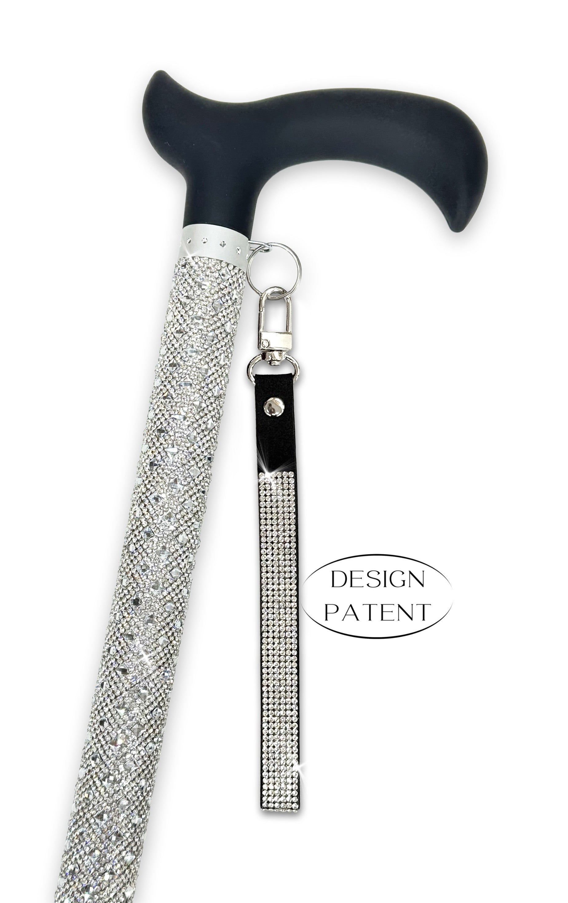 Decorative walking cane with silver coloured rhinestone shaft and black derby handle on a white background