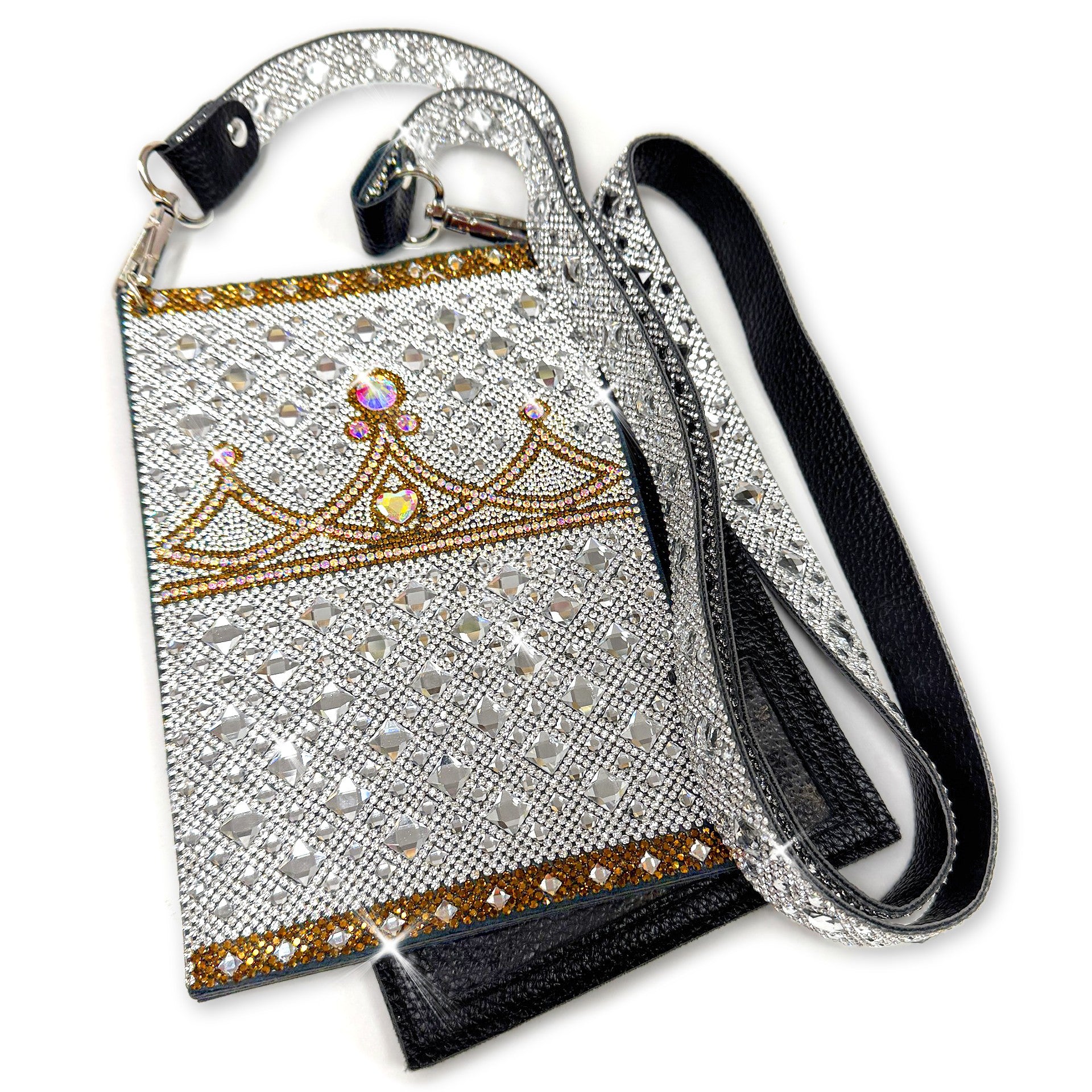 Sparkly cellphone pouch with a gold crown design on a white background