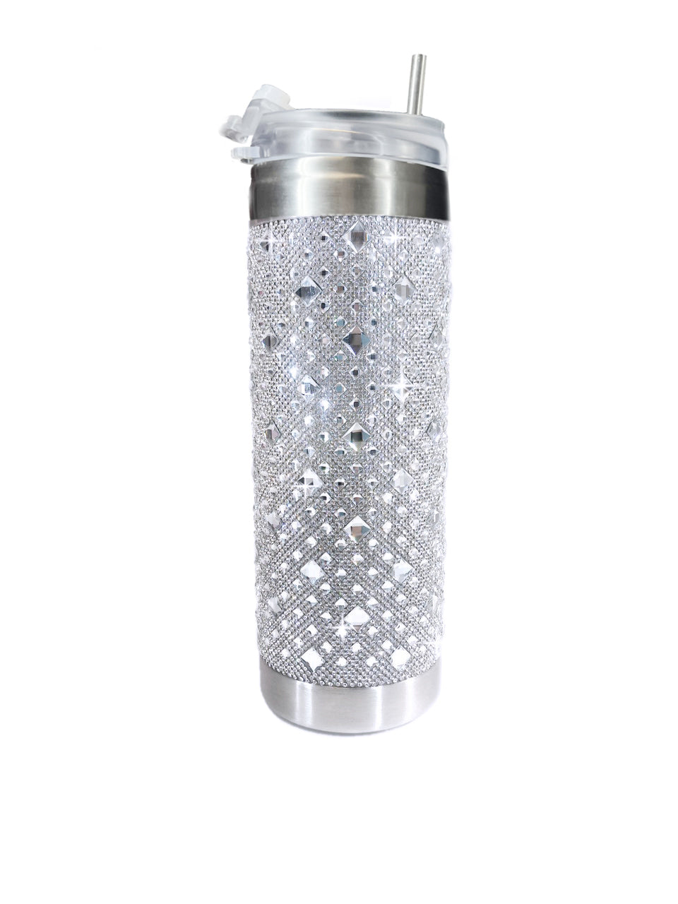 Silver tumbler with decorative rhinestone pattern on a white background