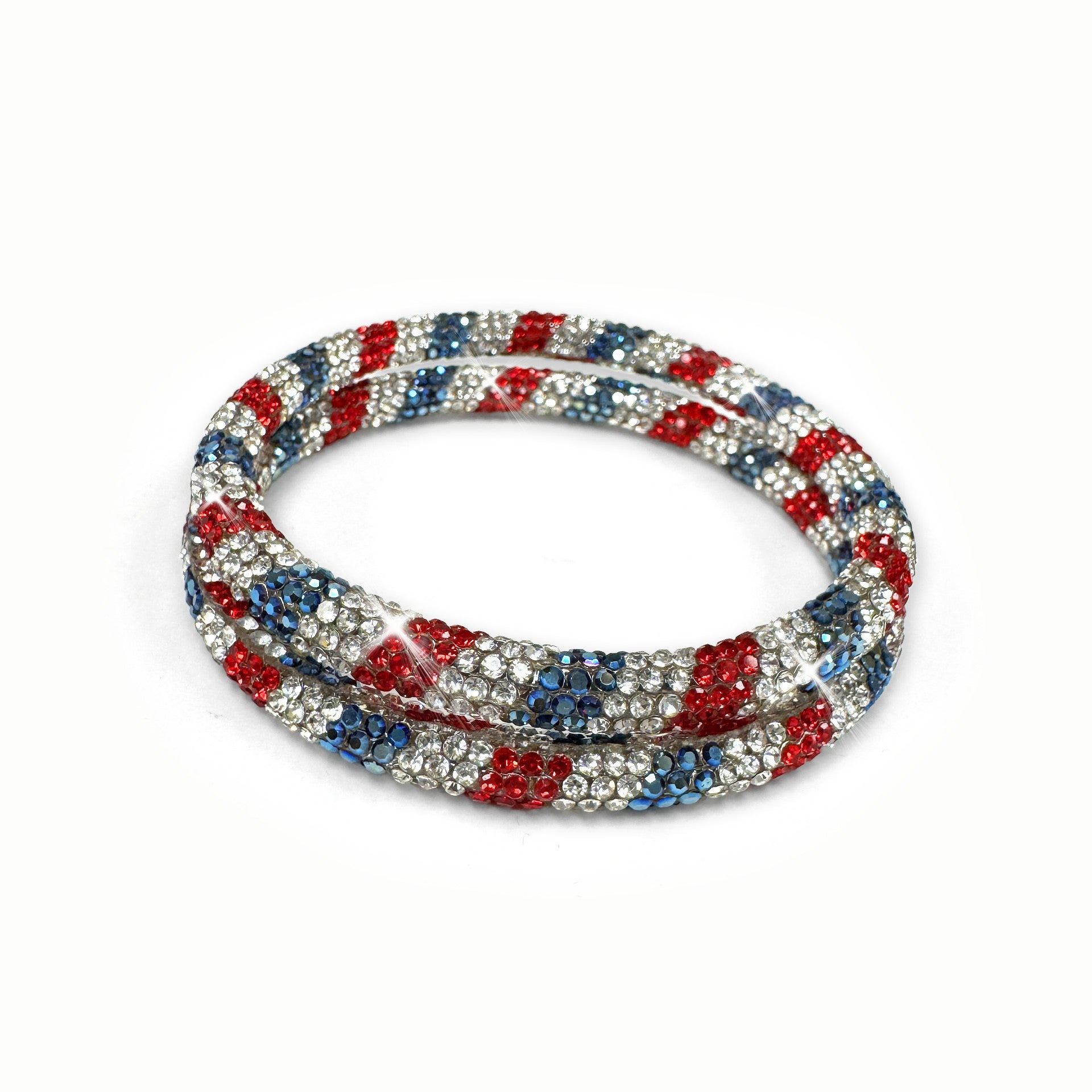 Crystal bangle bracelet with red, white, and blue rhinestones on a white background