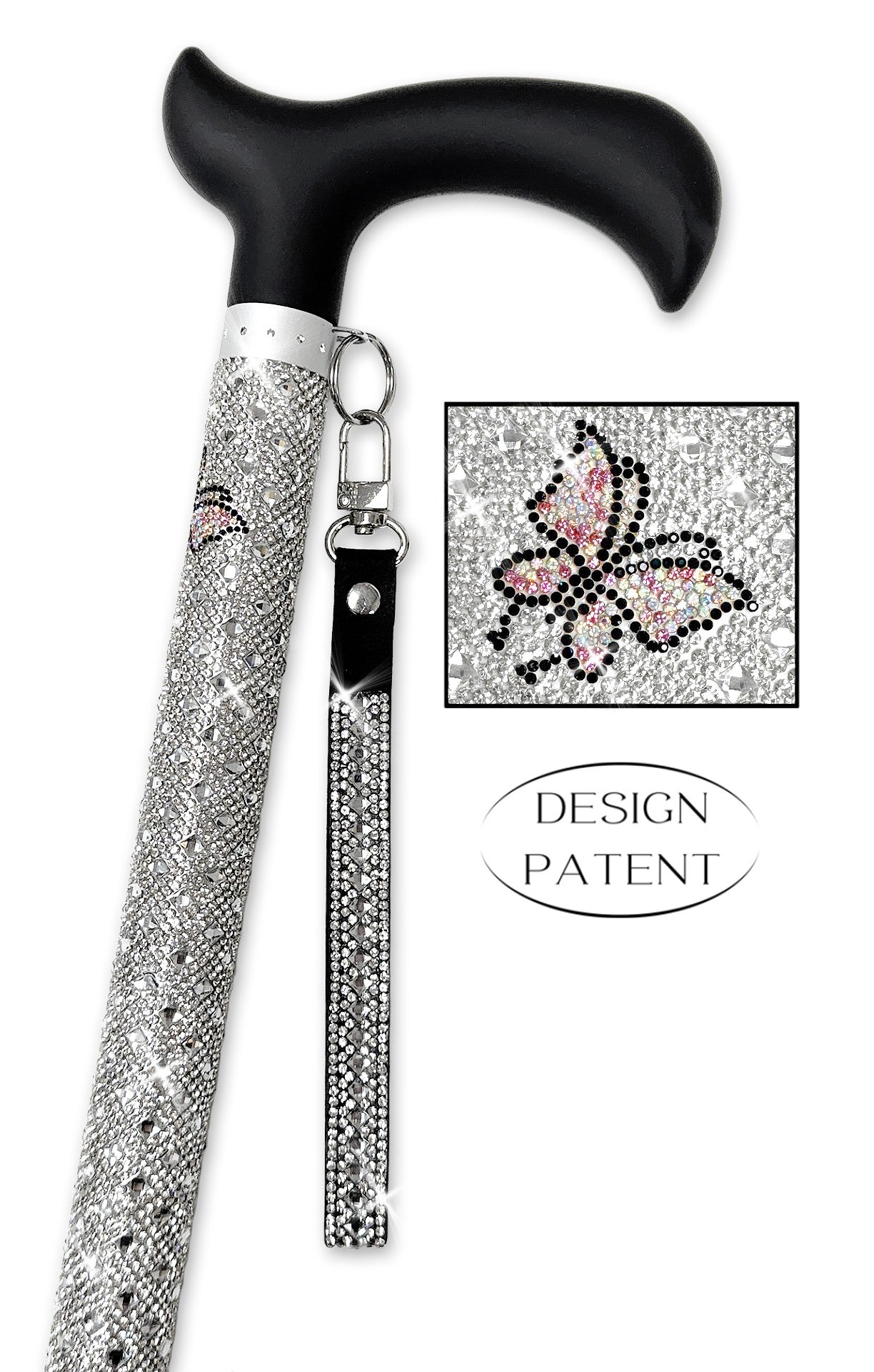 Decorative walking cane with butterfly charm on a white background