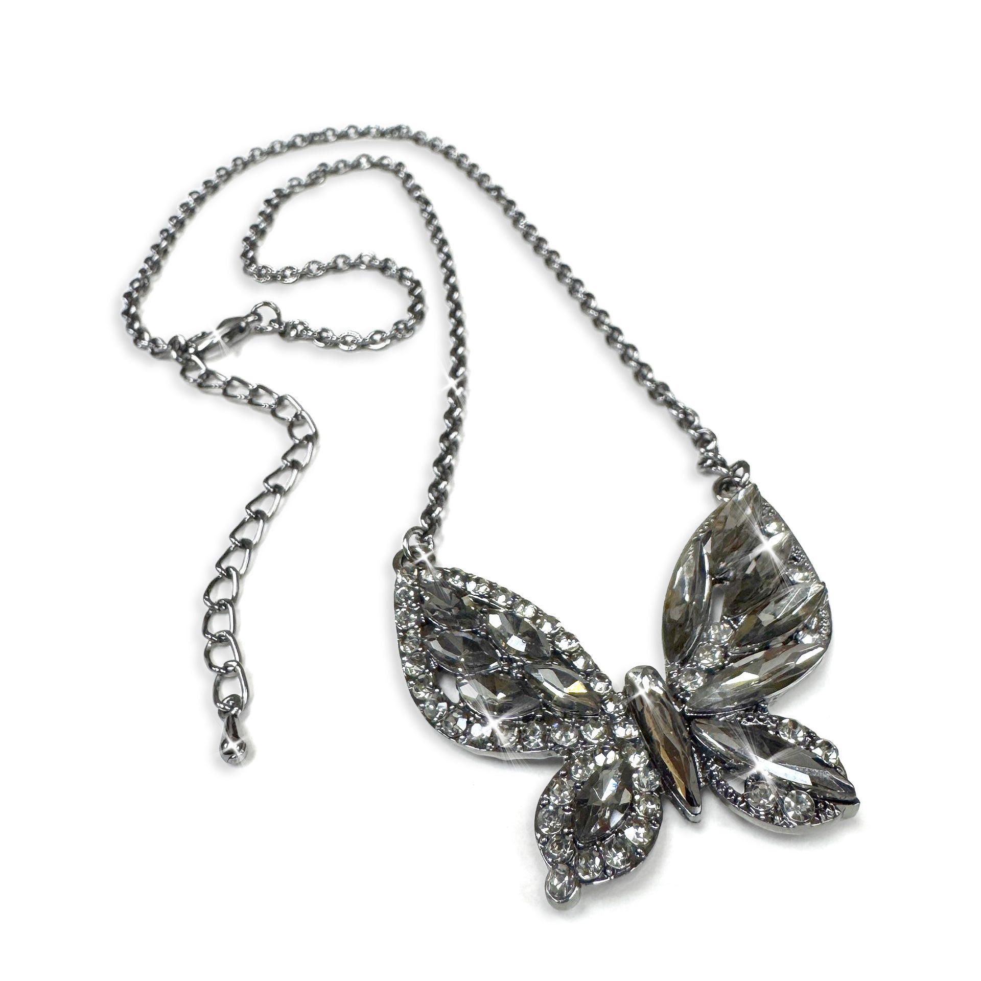 Butterfly-shaped necklace with smoky black gemstones on a white background