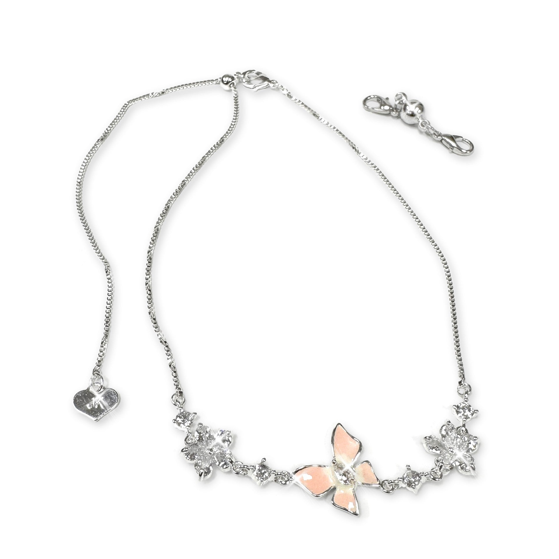 Jacqueline Kent Pink Butterfly & Silver Flower Anklet Bracelet