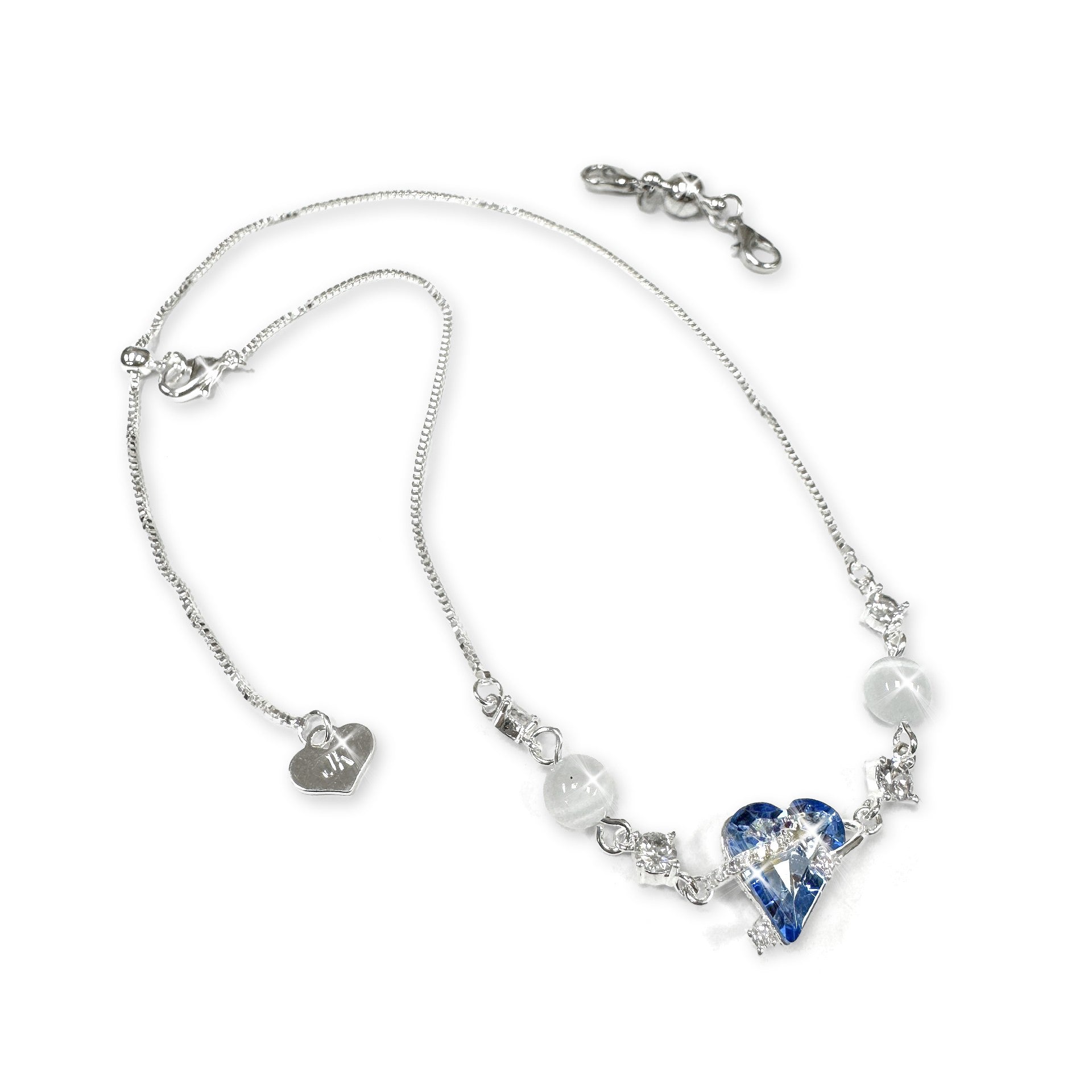 Jacqueline Kent Blue Heart Silver Anklet with Glass Bead & Crystal Accents