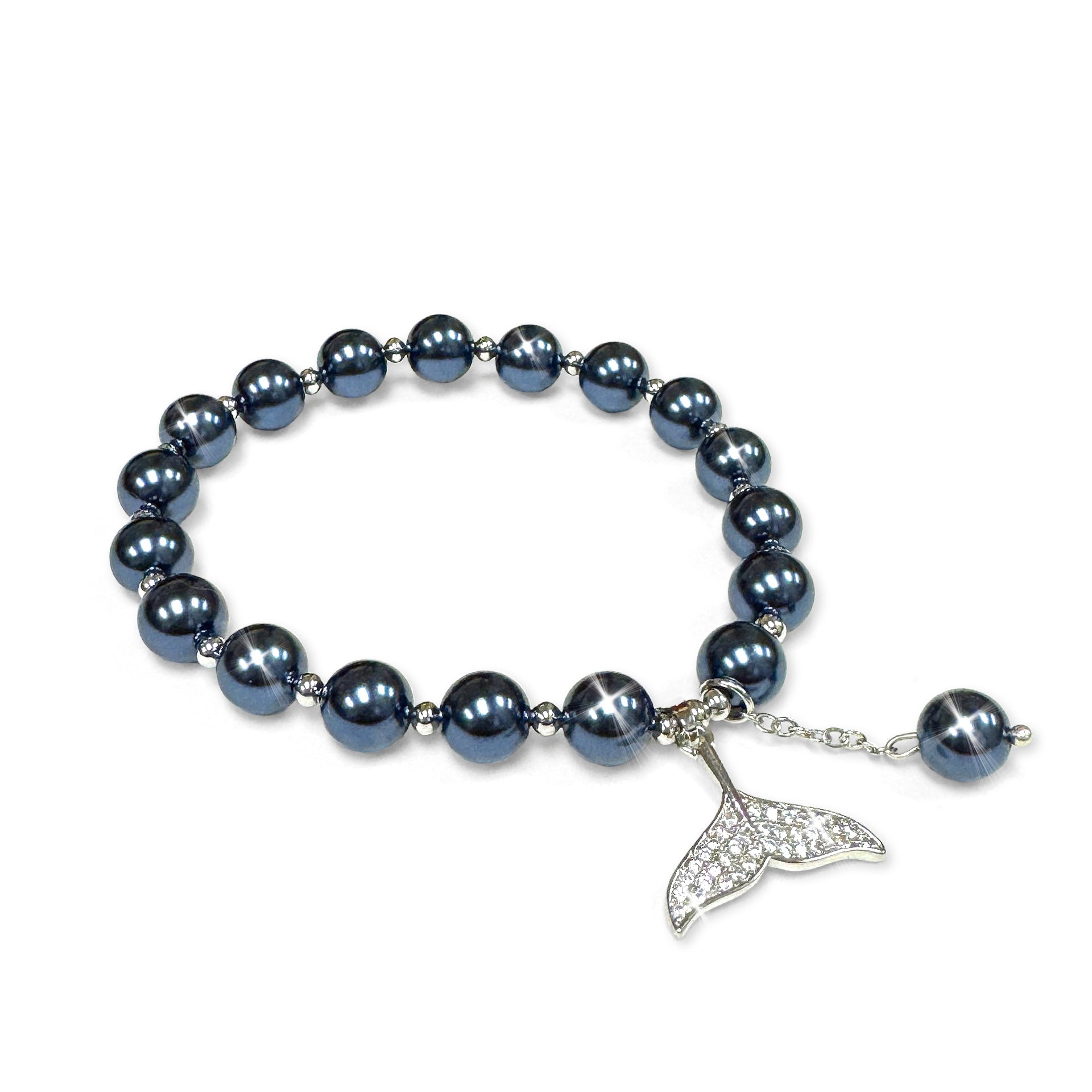Blue faux pearl bracelet with a silver and rhinestone mermaid tail charm on a white background