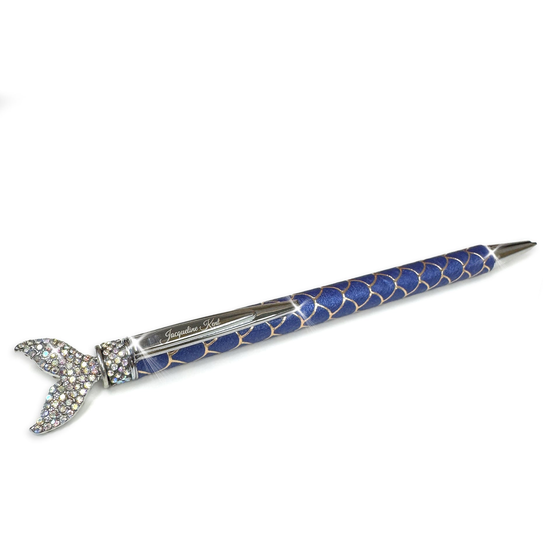 Decorative mermaid pen with blue and silver design with embellished mermaid tail top on a white background