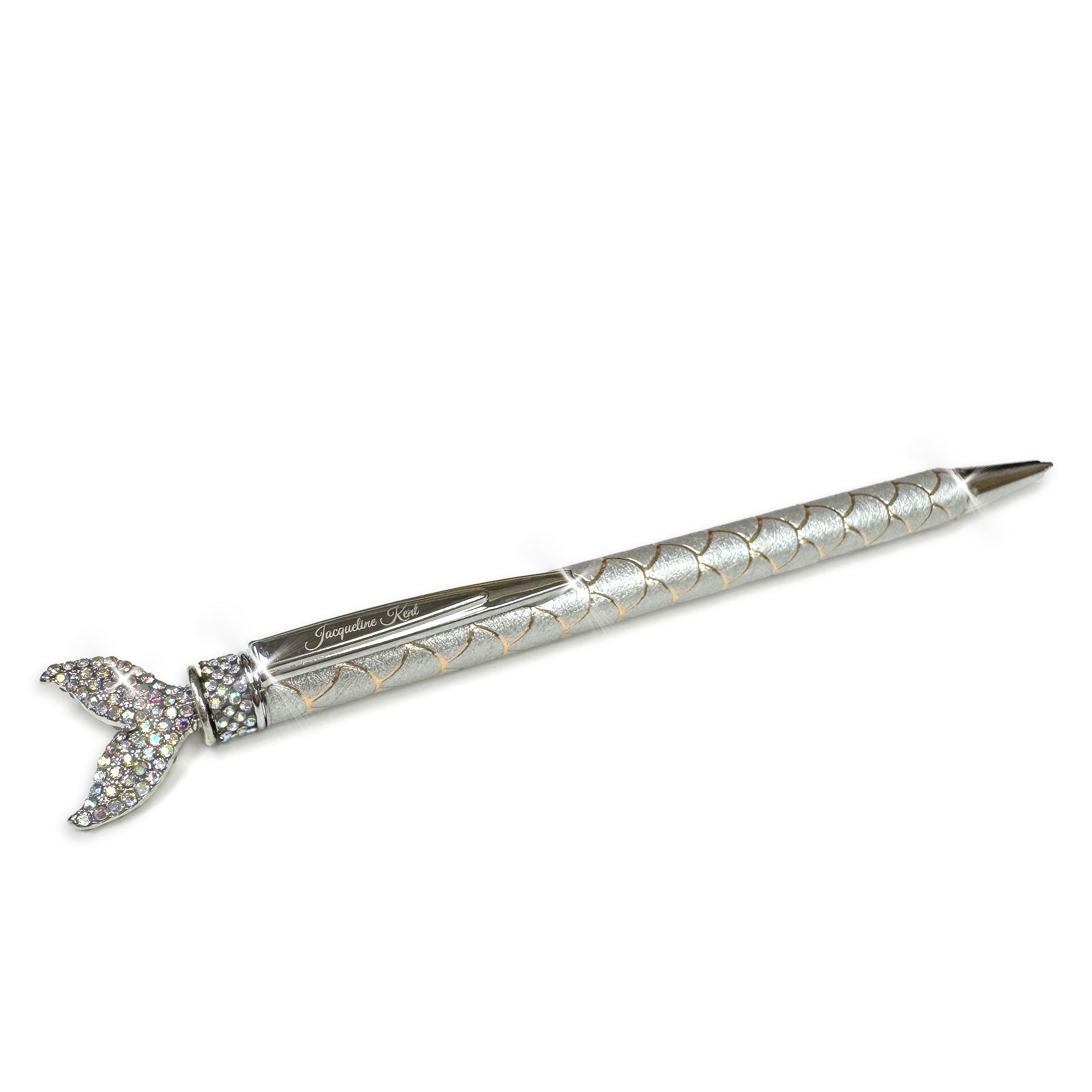Decorative mermaid pen with intricate design in silver and gold with embellished mermaid tail top on a white background