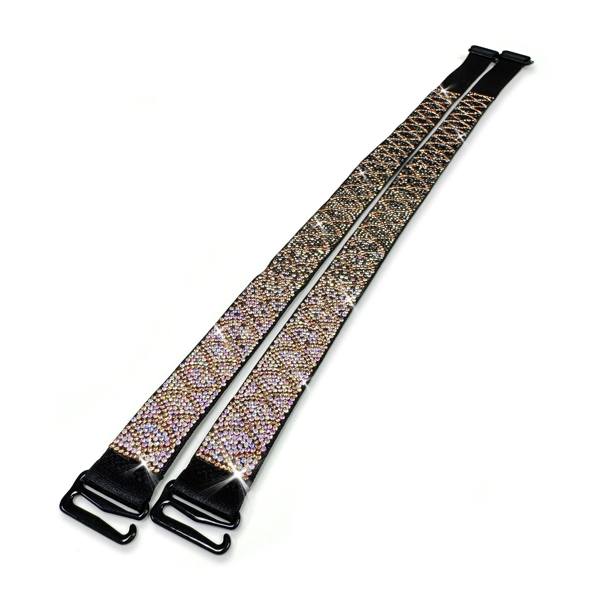 Decorative mermaid bra straps with ombre rhinestone pattern on a white background