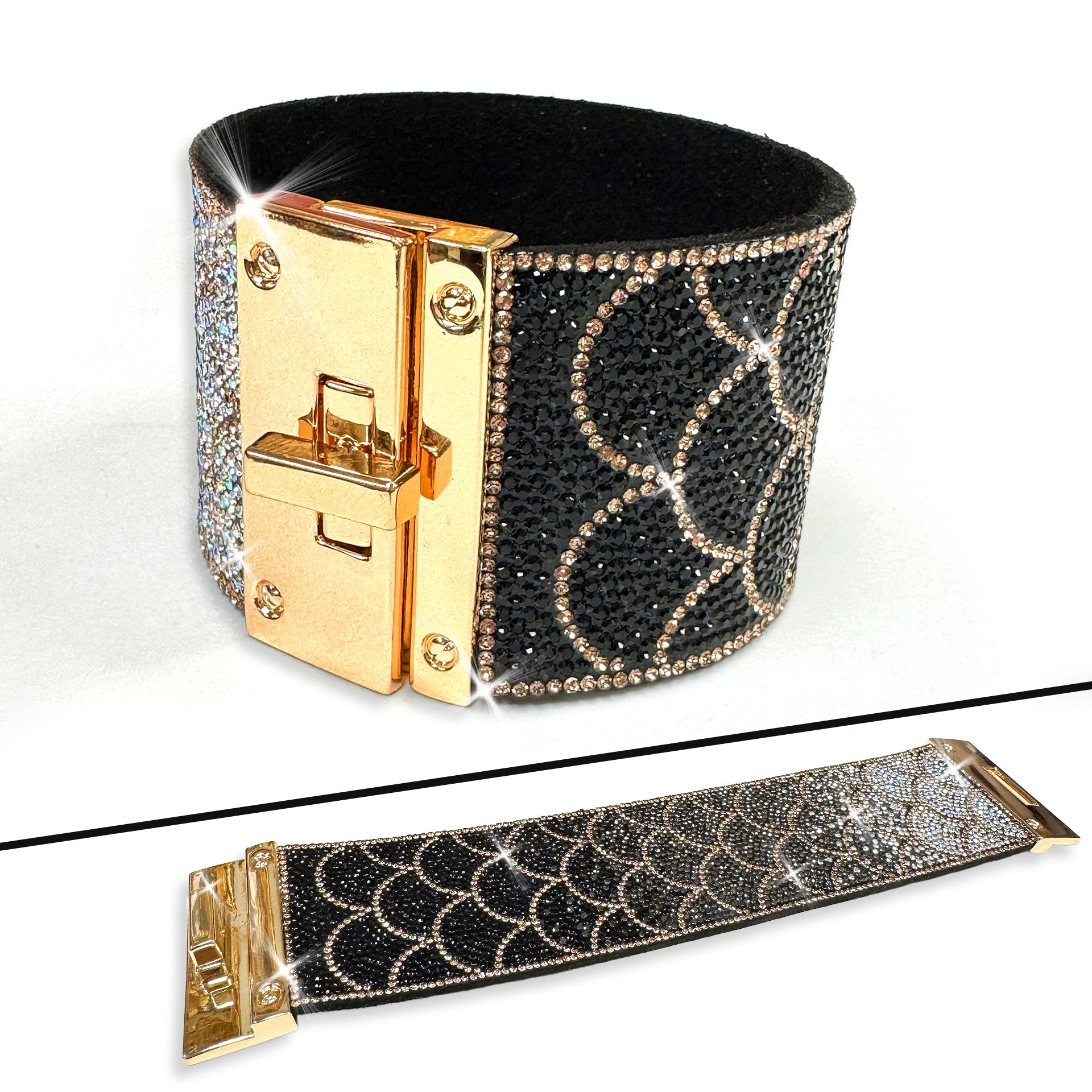 Cuff bracelet shown open flat lay and front view with mermaid scale pattern design in black, hematite, iridescent AB and gold rhinestones detailing, gold hardware on a white background.
