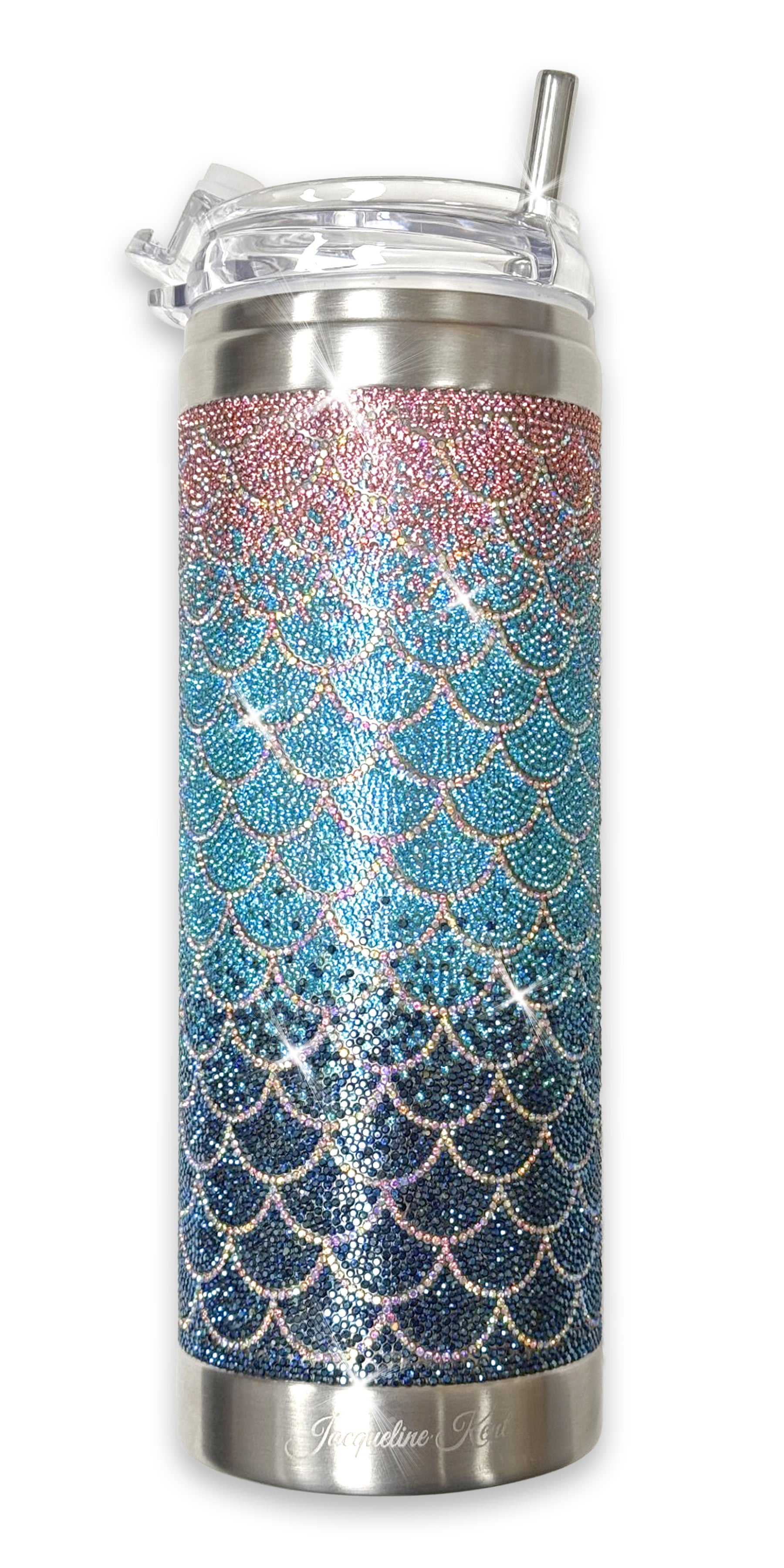 Crystal tumbler with mermaid scale pattern in navy, teal and pink rhinestones on a white background