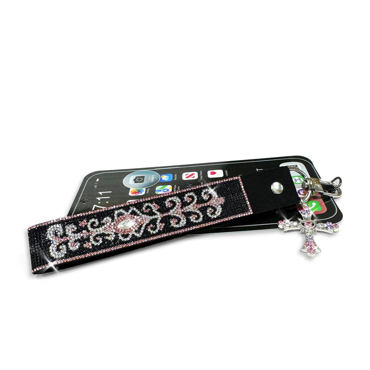 PHONE WRIST LANYARD BLACK & PINK CROSS