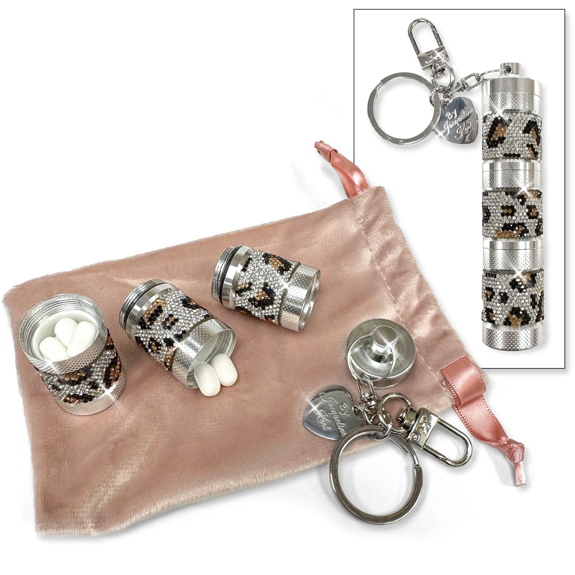 Decorative pill container in rhinestone embellished leopard pattern.