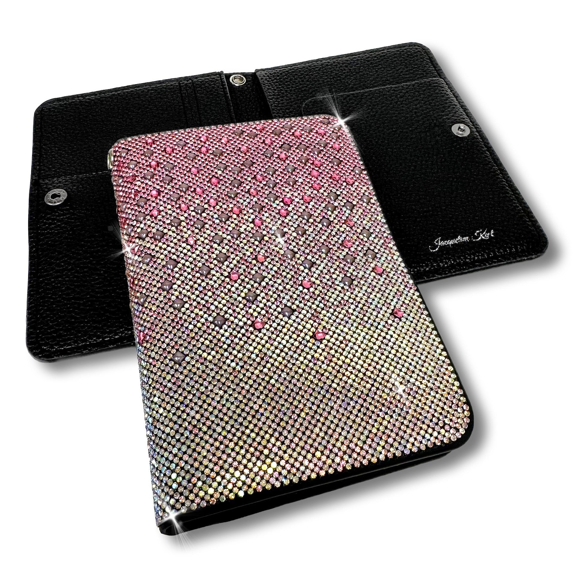 Black leather case with a ombre pink and silver rhinestone cover on a white background