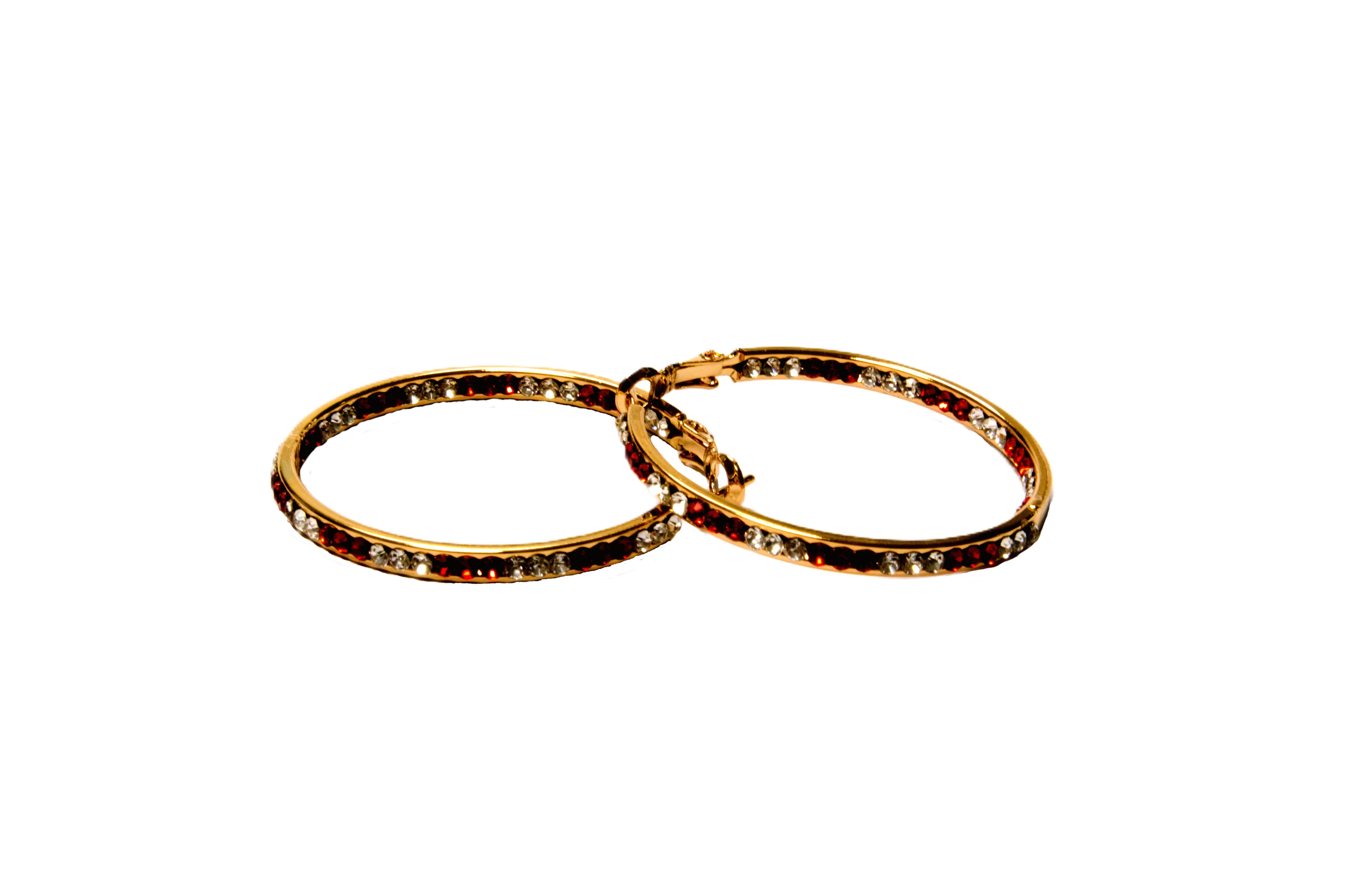 EARRING 40MM ROUND CRYSTAL HOOPS GOLD/RED